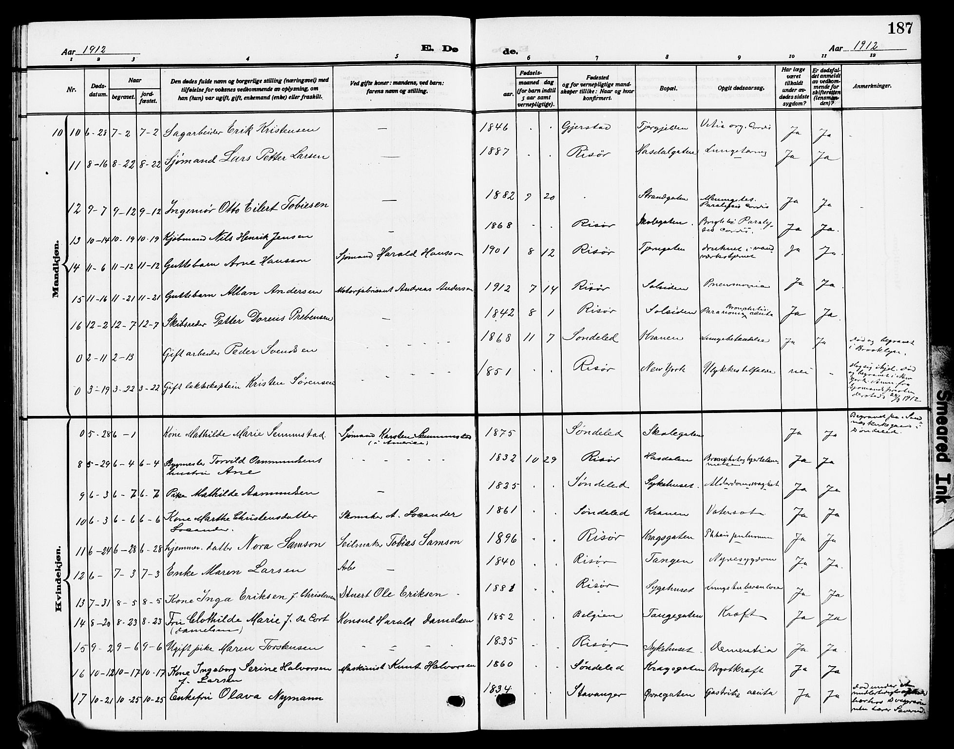 Risør sokneprestkontor, SAK/1111-0035/F/Fb/L0008: Parish register (copy) no. B 8, 1909-1921, p. 187
