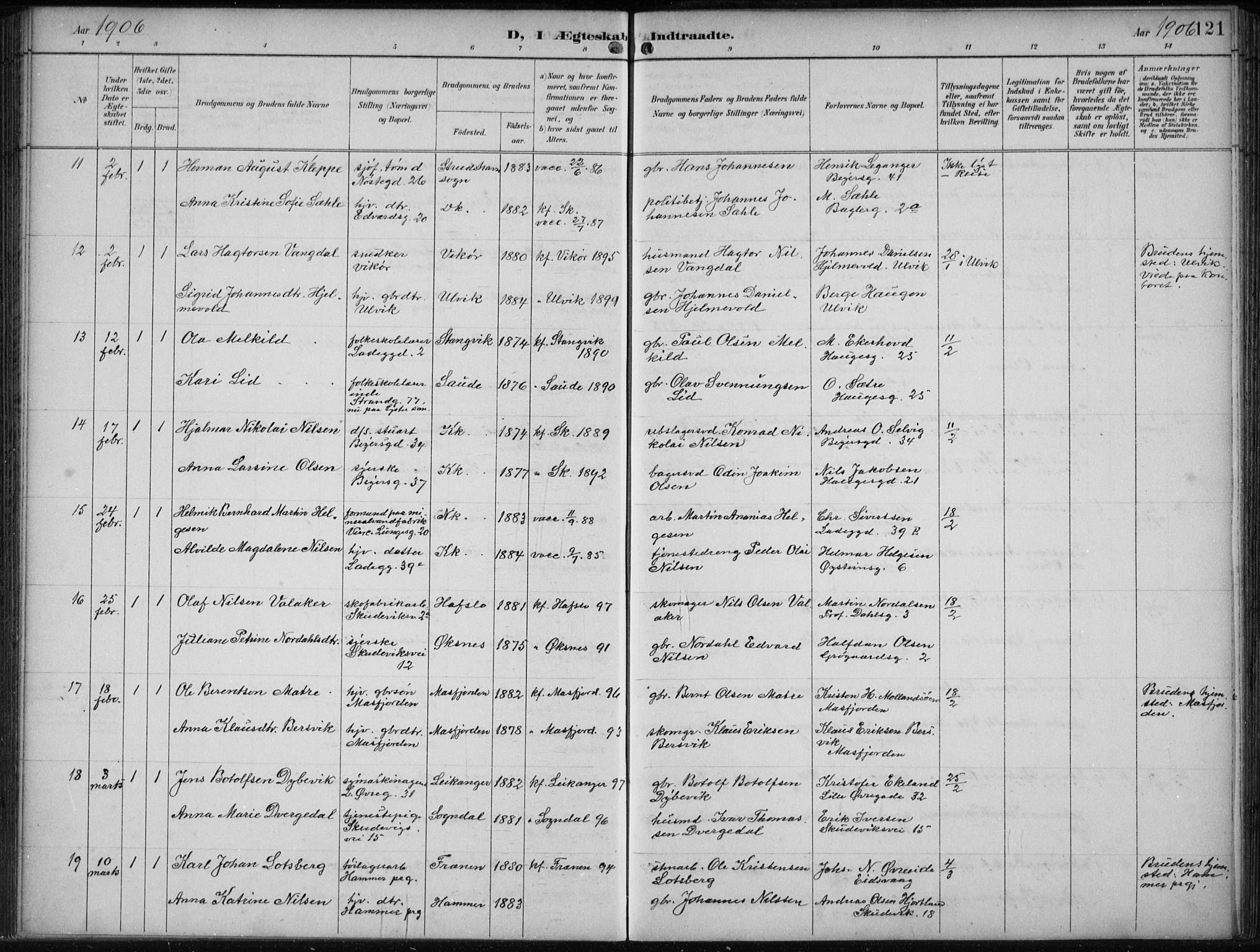 Sandviken Sokneprestembete, AV/SAB-A-77601/H/Ha/L0014: Parish register (official) no. D 1, 1896-1911, p. 121