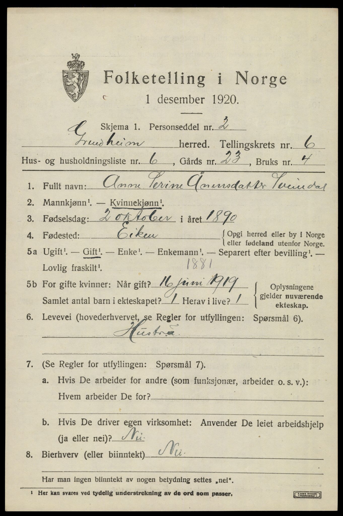 SAK, 1920 census for Grindheim, 1920, p. 1903