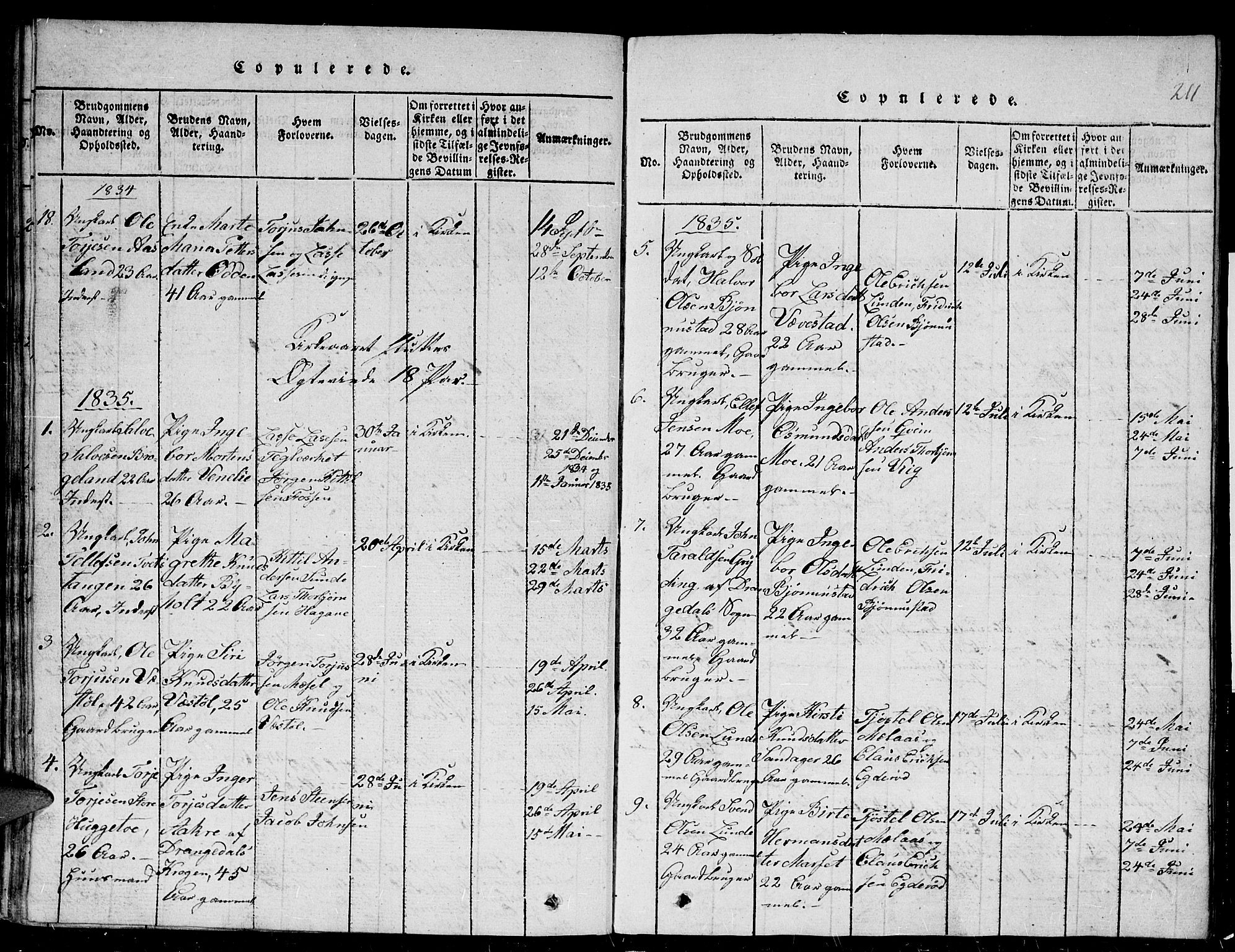 Gjerstad sokneprestkontor, SAK/1111-0014/F/Fb/Fba/L0002: Parish register (copy) no. B 2, 1816-1845, p. 211