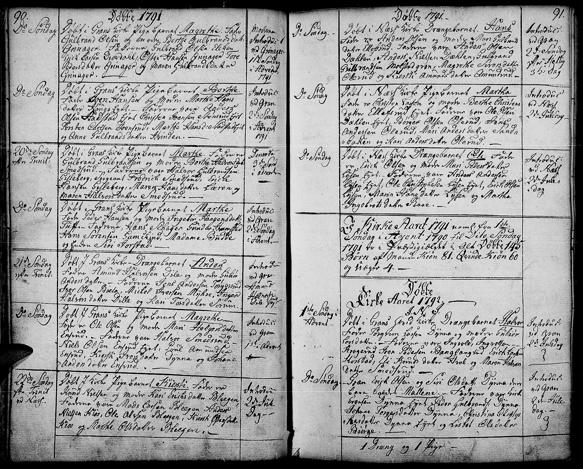 Gran prestekontor, SAH/PREST-112/H/Ha/Haa/L0006: Parish register (official) no. 6, 1787-1824, p. 90-91