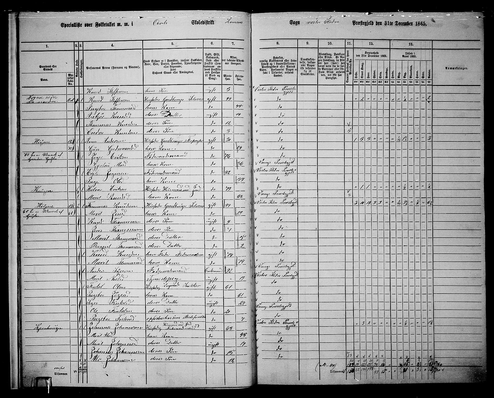 RA, 1865 census for Vestre Slidre, 1865, p. 15