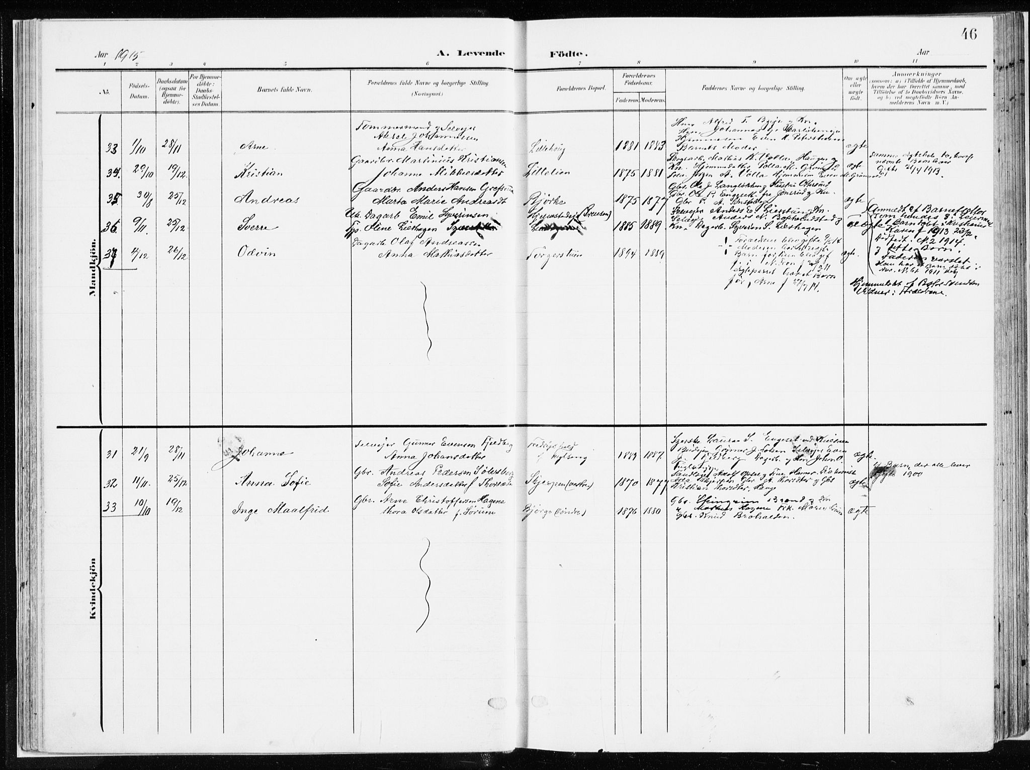 Ringsaker prestekontor, AV/SAH-PREST-014/K/Ka/L0019: Parish register (official) no. 19, 1905-1920, p. 46