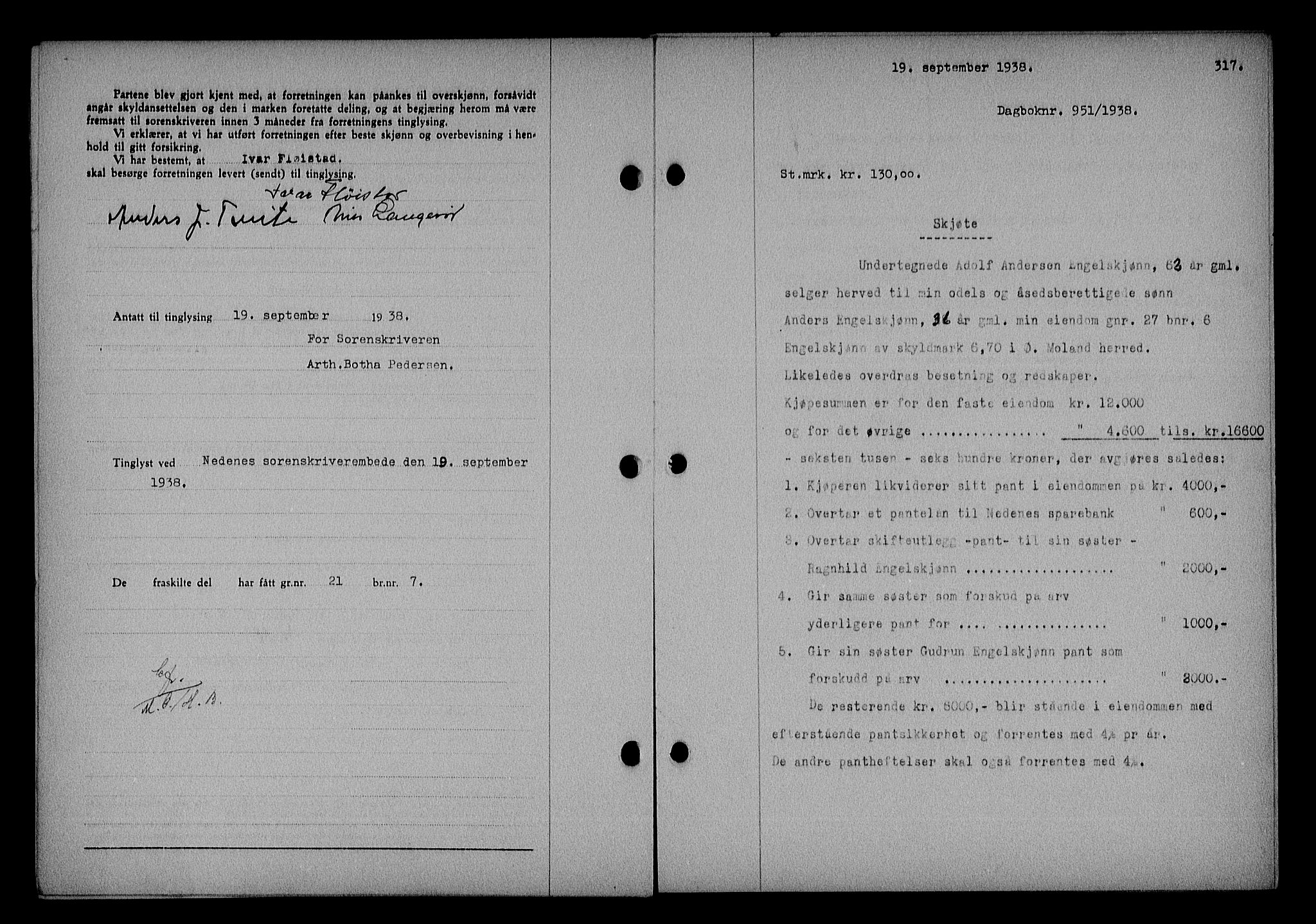 Nedenes sorenskriveri, SAK/1221-0006/G/Gb/Gba/L0045: Mortgage book no. 41, 1938-1938, Diary no: : 951/1938