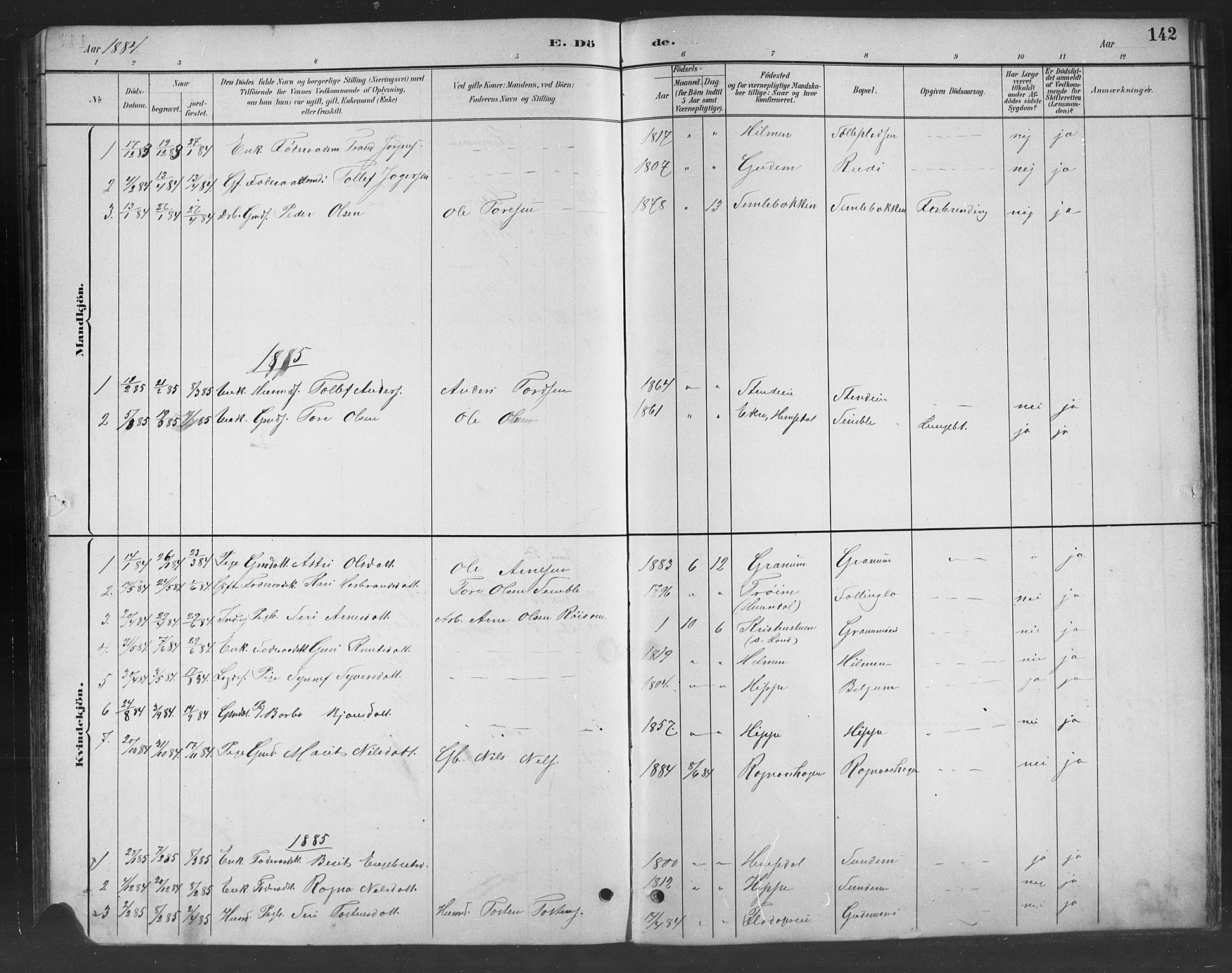 Nord-Aurdal prestekontor, SAH/PREST-132/H/Ha/Hab/L0008: Parish register (copy) no. 8, 1883-1916, p. 142