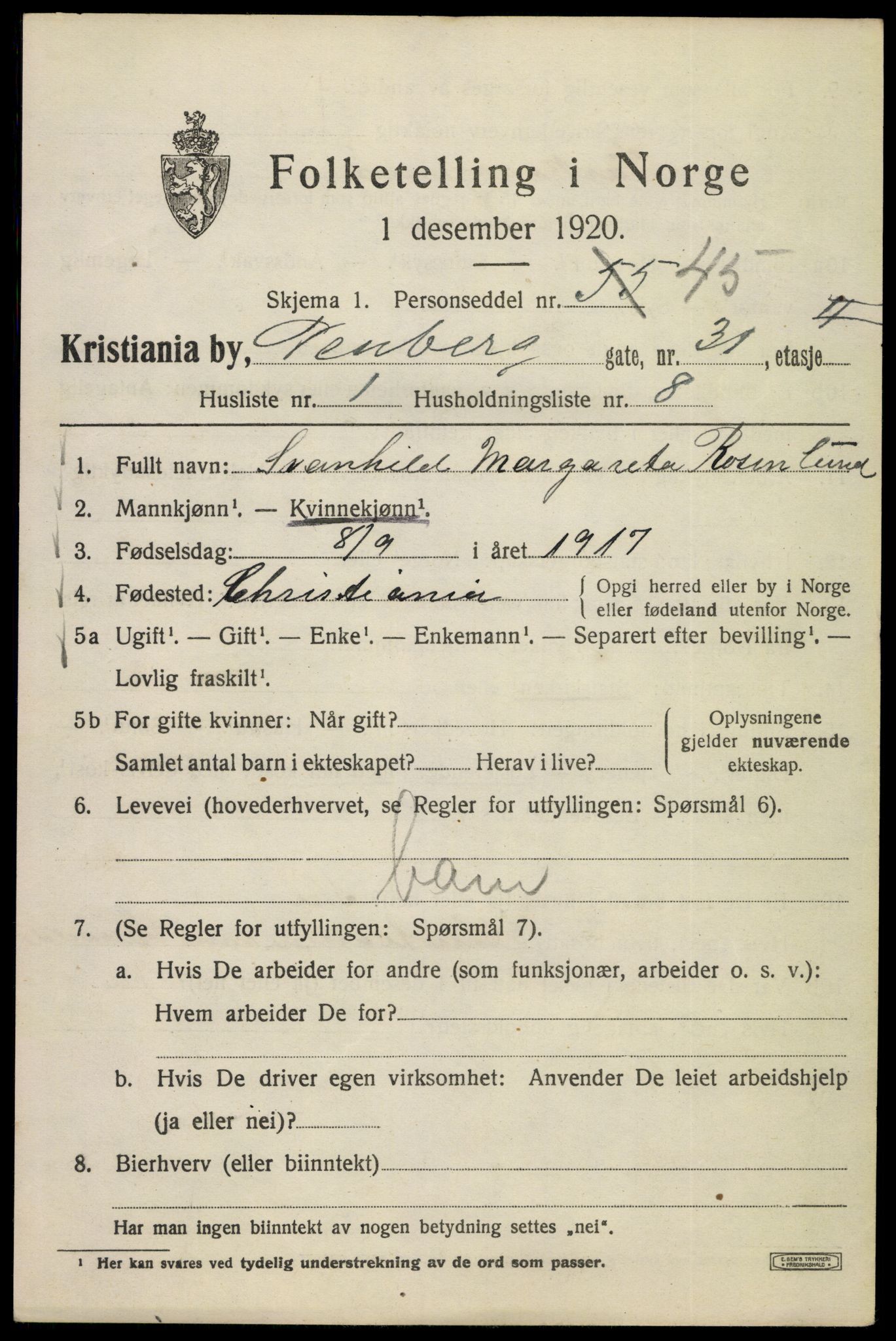 SAO, 1920 census for Kristiania, 1920, p. 413249