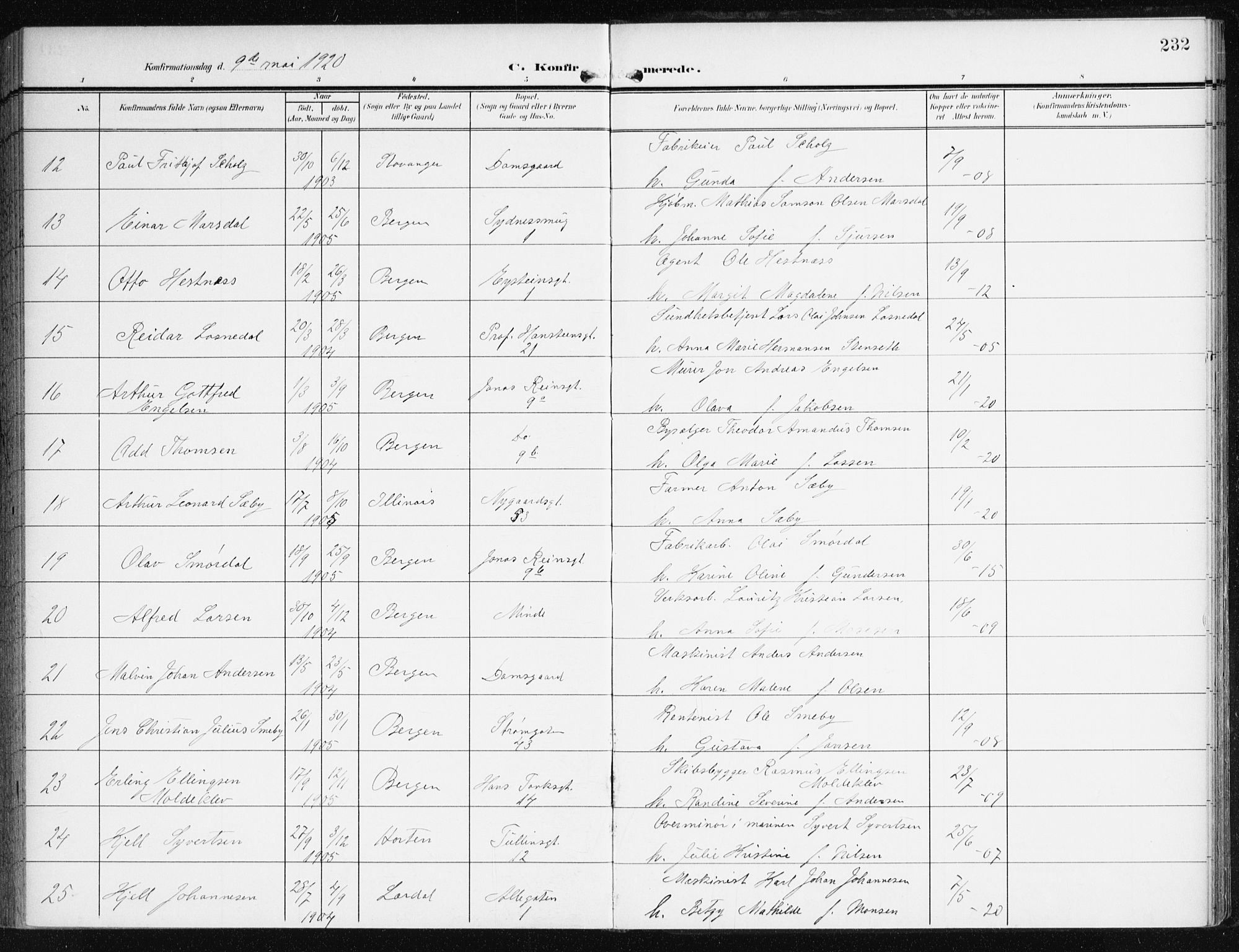 Johanneskirken sokneprestembete, AV/SAB-A-76001/H/Haa/L0009: Parish register (official) no. C 2, 1907-1924, p. 232