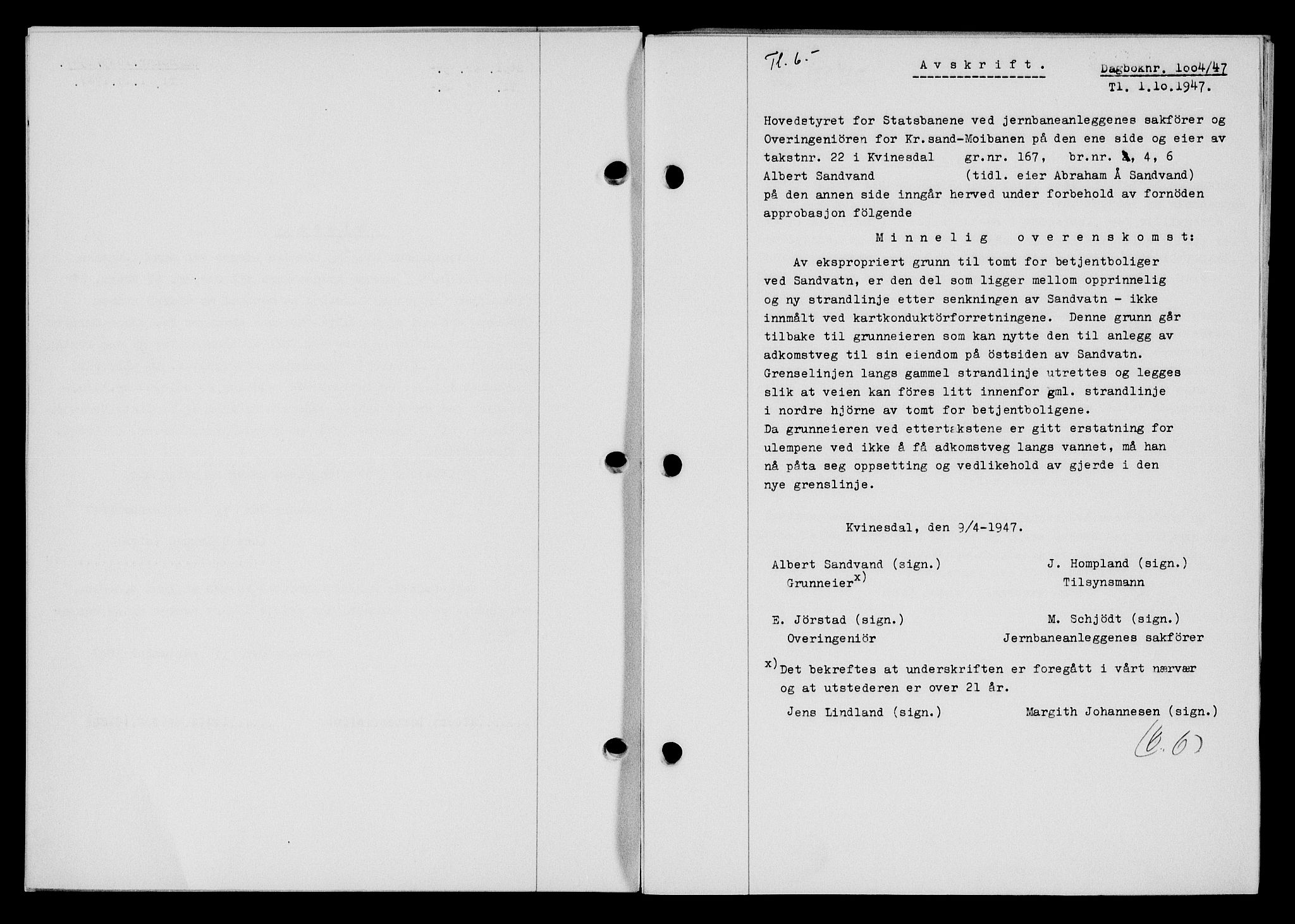 Flekkefjord sorenskriveri, SAK/1221-0001/G/Gb/Gba/L0062: Mortgage book no. A-10, 1947-1947, Diary no: : 1004/1947