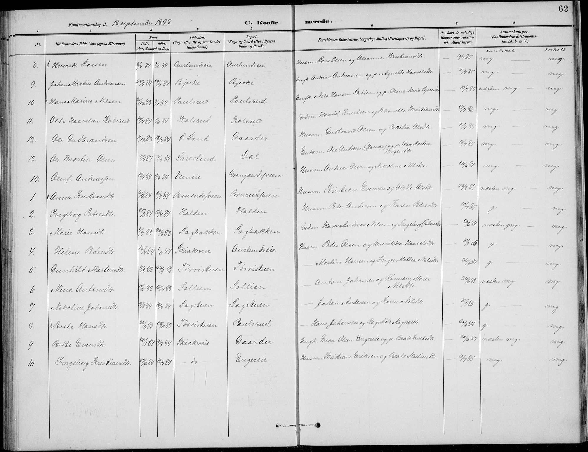 Nordre Land prestekontor, SAH/PREST-124/H/Ha/Hab/L0014: Parish register (copy) no. 14, 1891-1907, p. 62