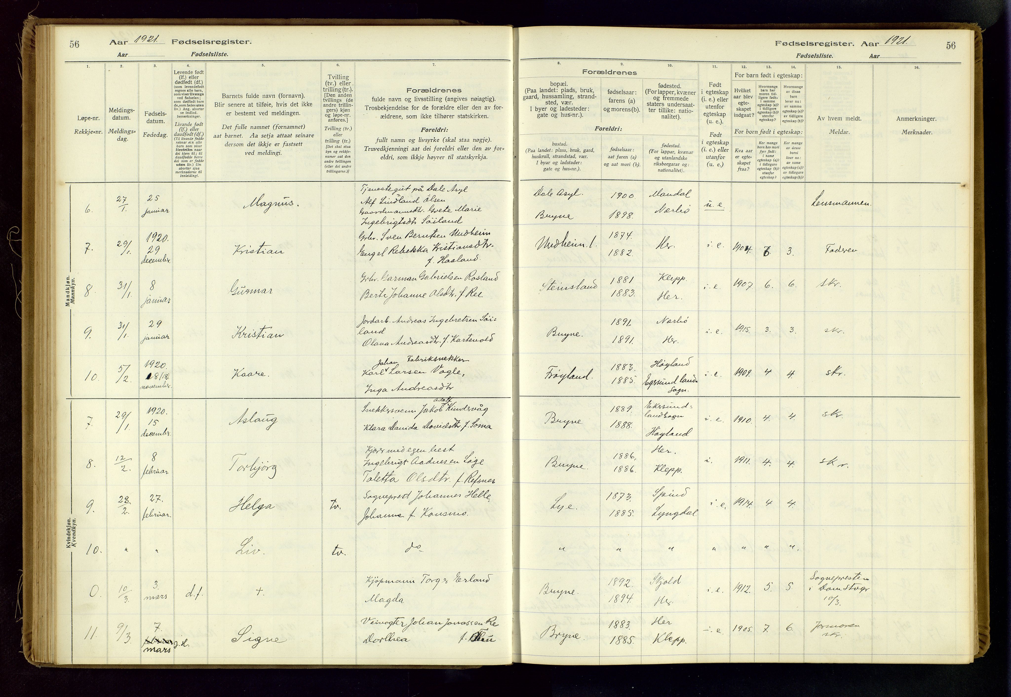 Time sokneprestkontor, AV/SAST-A-101795/001/704BA/L0001: Birth register no. 1, 1916-1934, p. 56