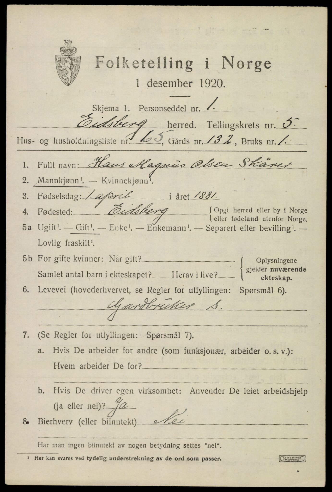 SAO, 1920 census for Eidsberg, 1920, p. 7463