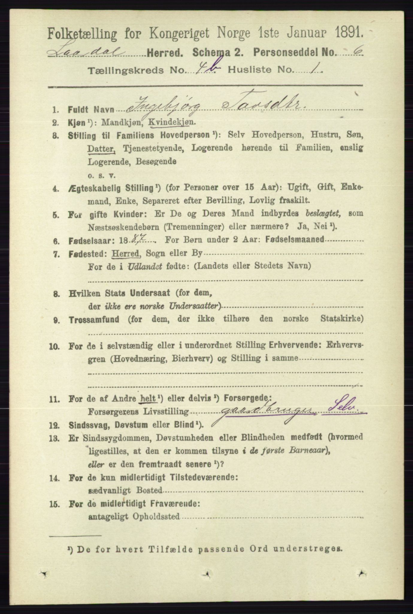 RA, 1891 census for 0833 Lårdal, 1891, p. 1179