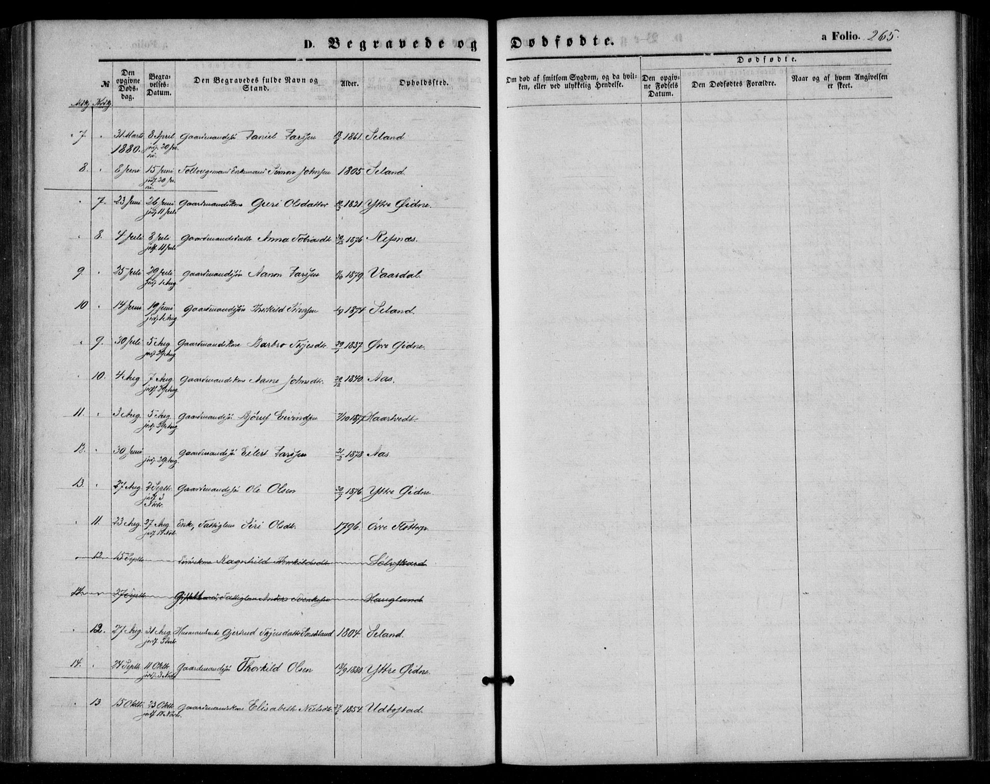 Bjelland sokneprestkontor, SAK/1111-0005/F/Fa/Fac/L0002: Parish register (official) no. A 2, 1866-1887, p. 265
