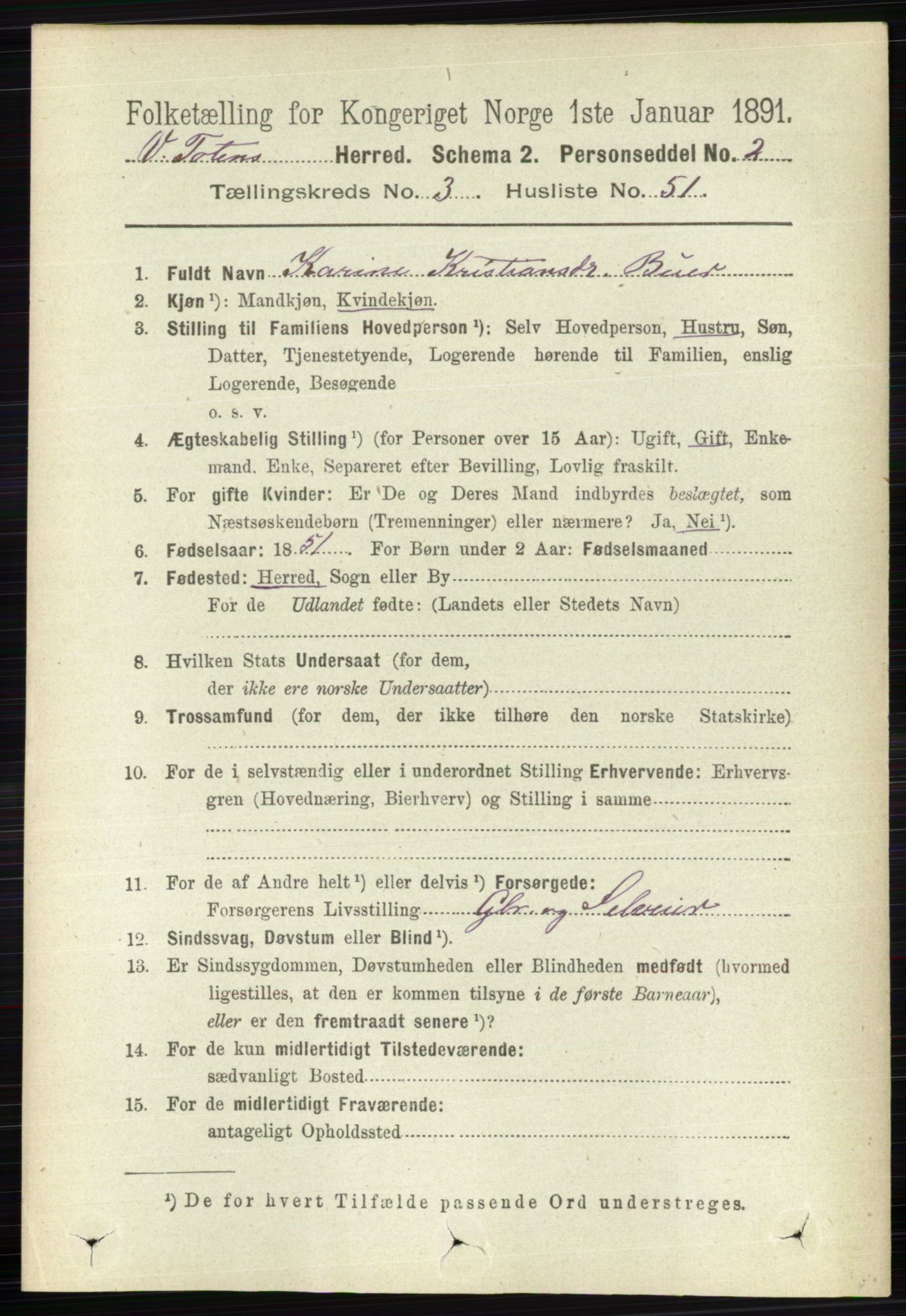 RA, 1891 census for 0529 Vestre Toten, 1891, p. 2253