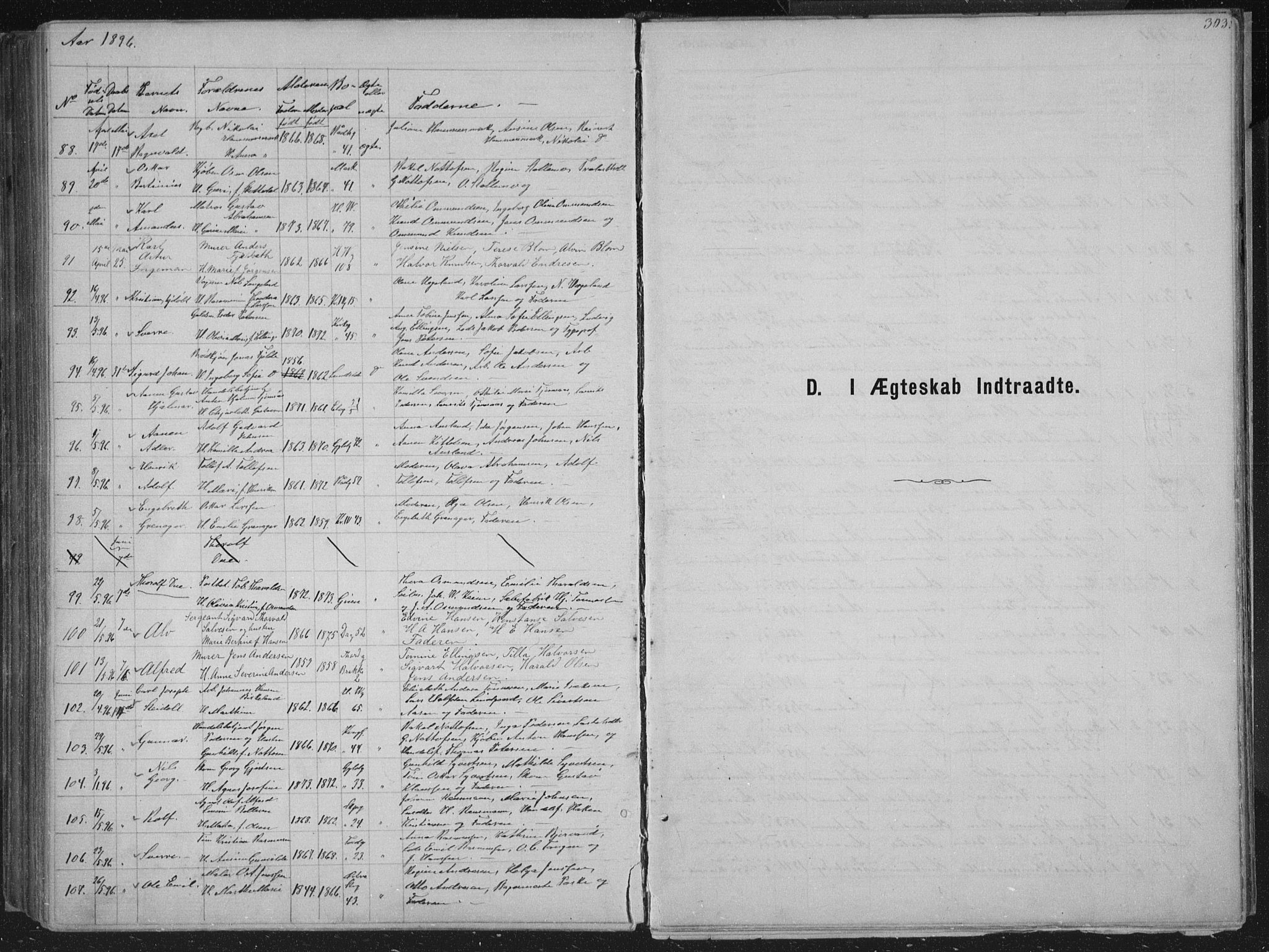 Kristiansand domprosti, AV/SAK-1112-0006/F/Fb/L0014: Parish register (copy) no. B 14, 1881-1896, p. 303