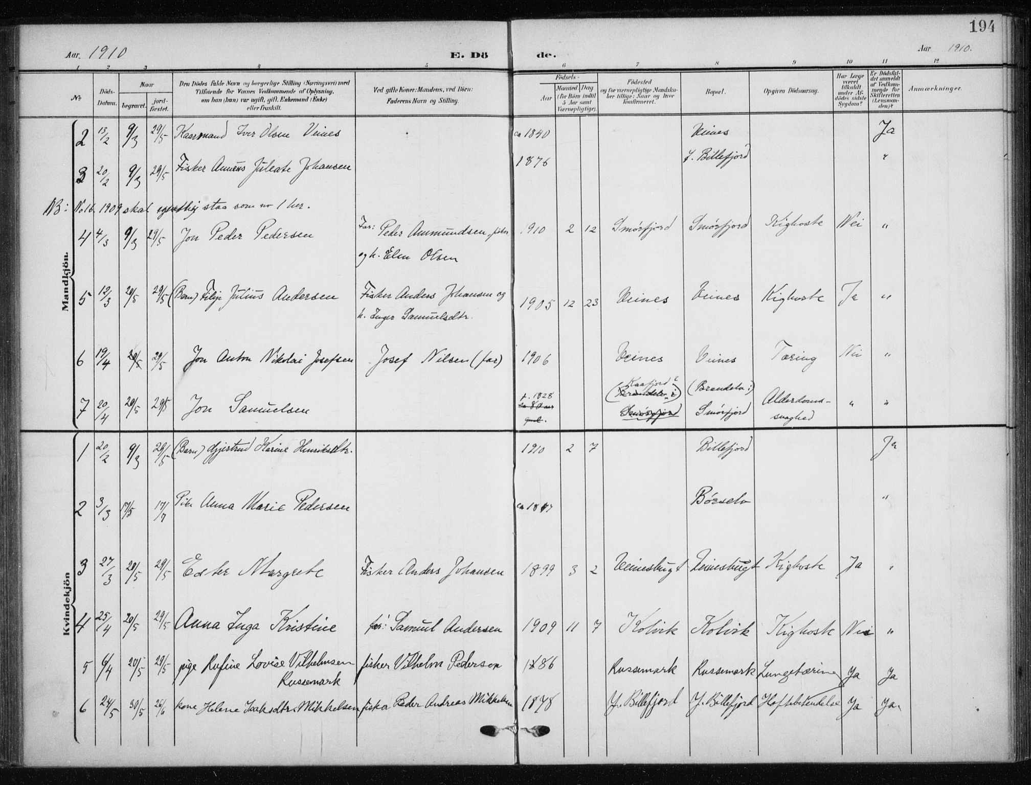 Kistrand/Porsanger sokneprestembete, SATØ/S-1351/H/Ha/L0014.kirke: Parish register (official) no. 14, 1908-1917, p. 194