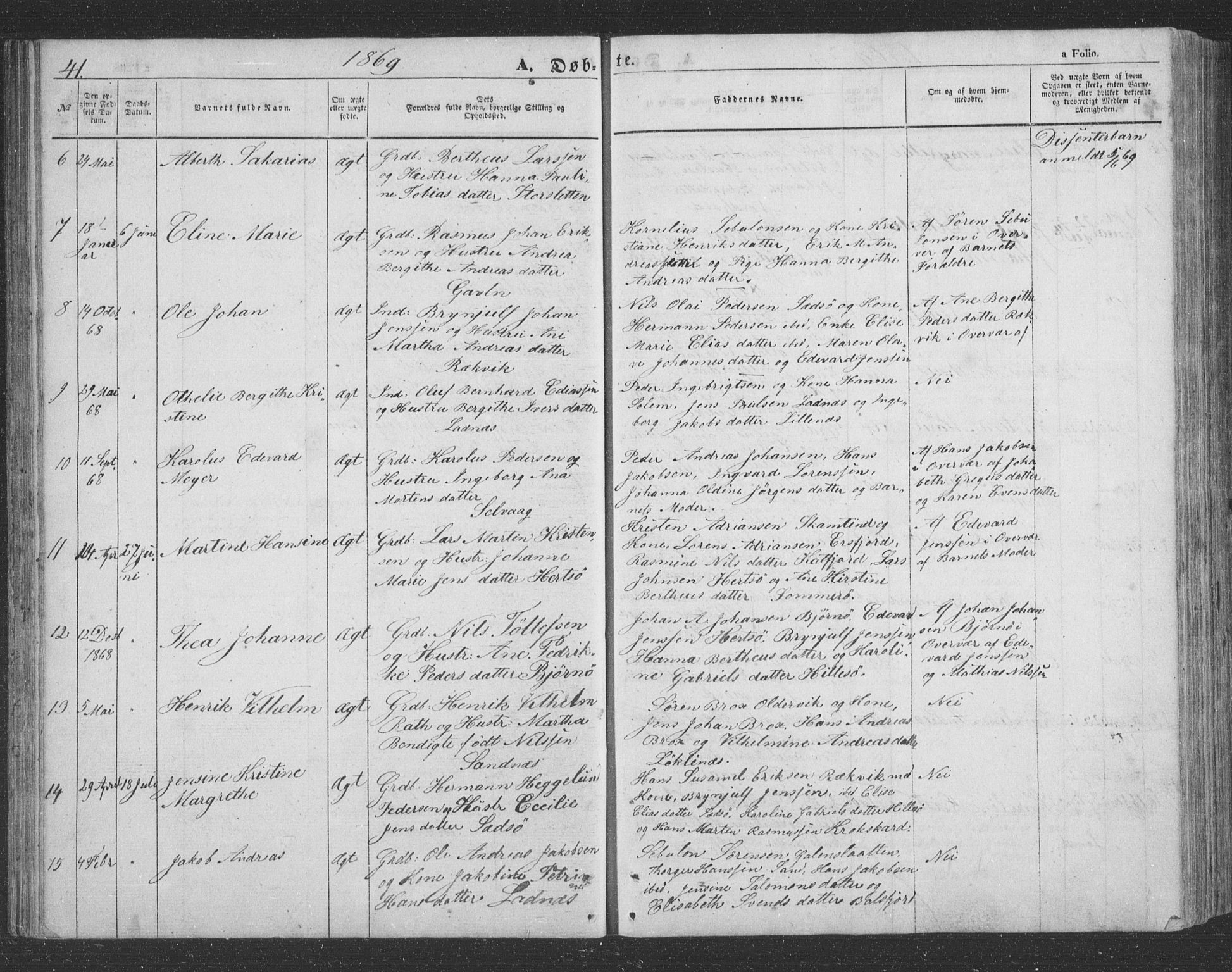 Lenvik sokneprestembete, SATØ/S-1310/H/Ha/Hab/L0020klokker: Parish register (copy) no. 20, 1855-1883, p. 41