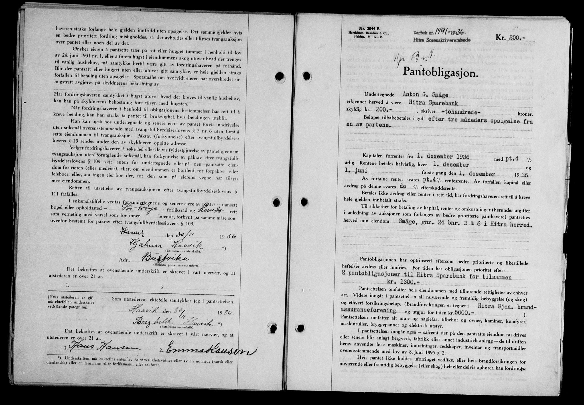 Hitra sorenskriveri, AV/SAT-A-0018/2/2C/2Ca/L0028: Mortgage book no. B-1, 1936-1939, Diary no: : 1491/1936