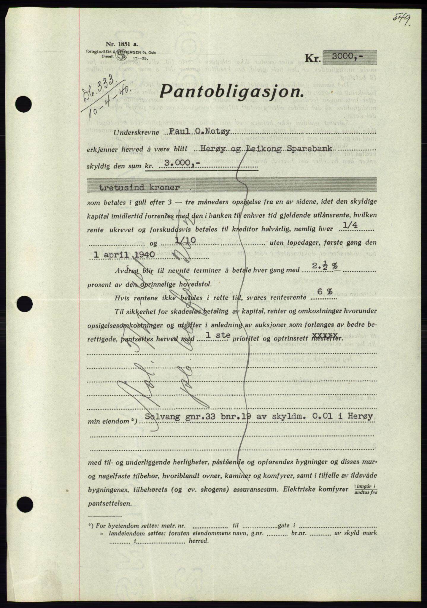 Søre Sunnmøre sorenskriveri, AV/SAT-A-4122/1/2/2C/L0069: Mortgage book no. 63, 1939-1940, Diary no: : 333/1940