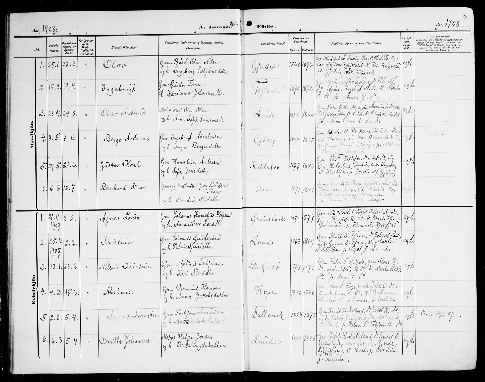 Tysnes sokneprestembete, AV/SAB-A-78601/H/Haa: Parish register (official) no. B 2, 1907-1925, p. 8