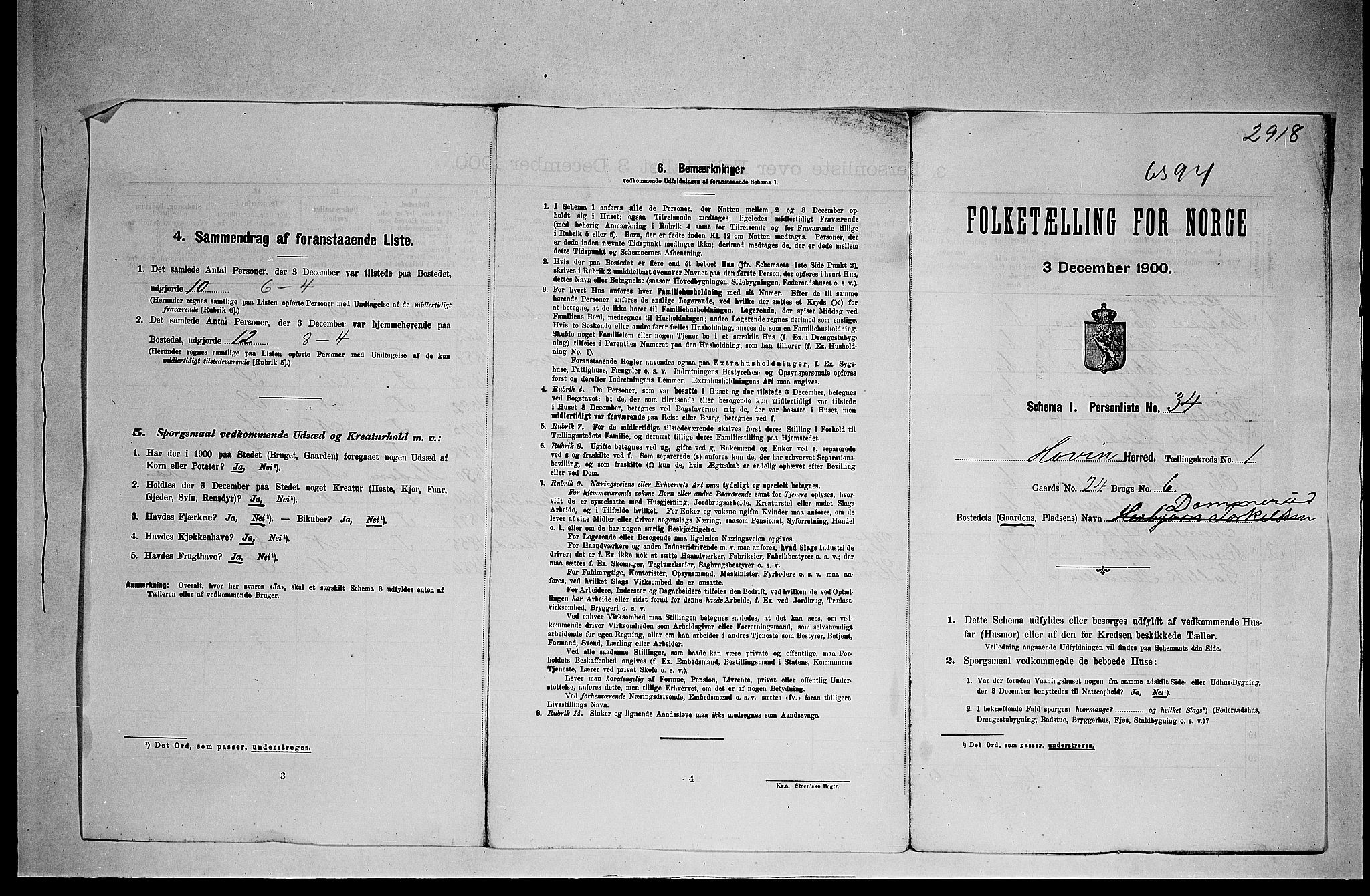 SAKO, 1900 census for Hovin, 1900, p. 18