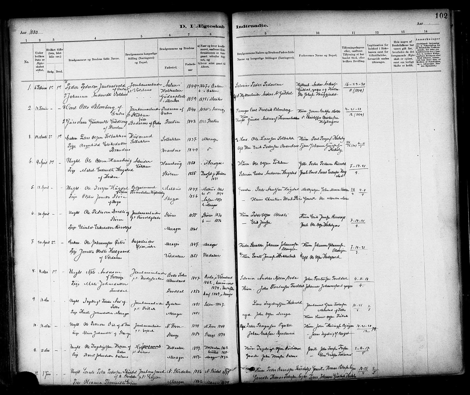 Ministerialprotokoller, klokkerbøker og fødselsregistre - Nord-Trøndelag, AV/SAT-A-1458/706/L0047: Parish register (official) no. 706A03, 1878-1892, p. 102