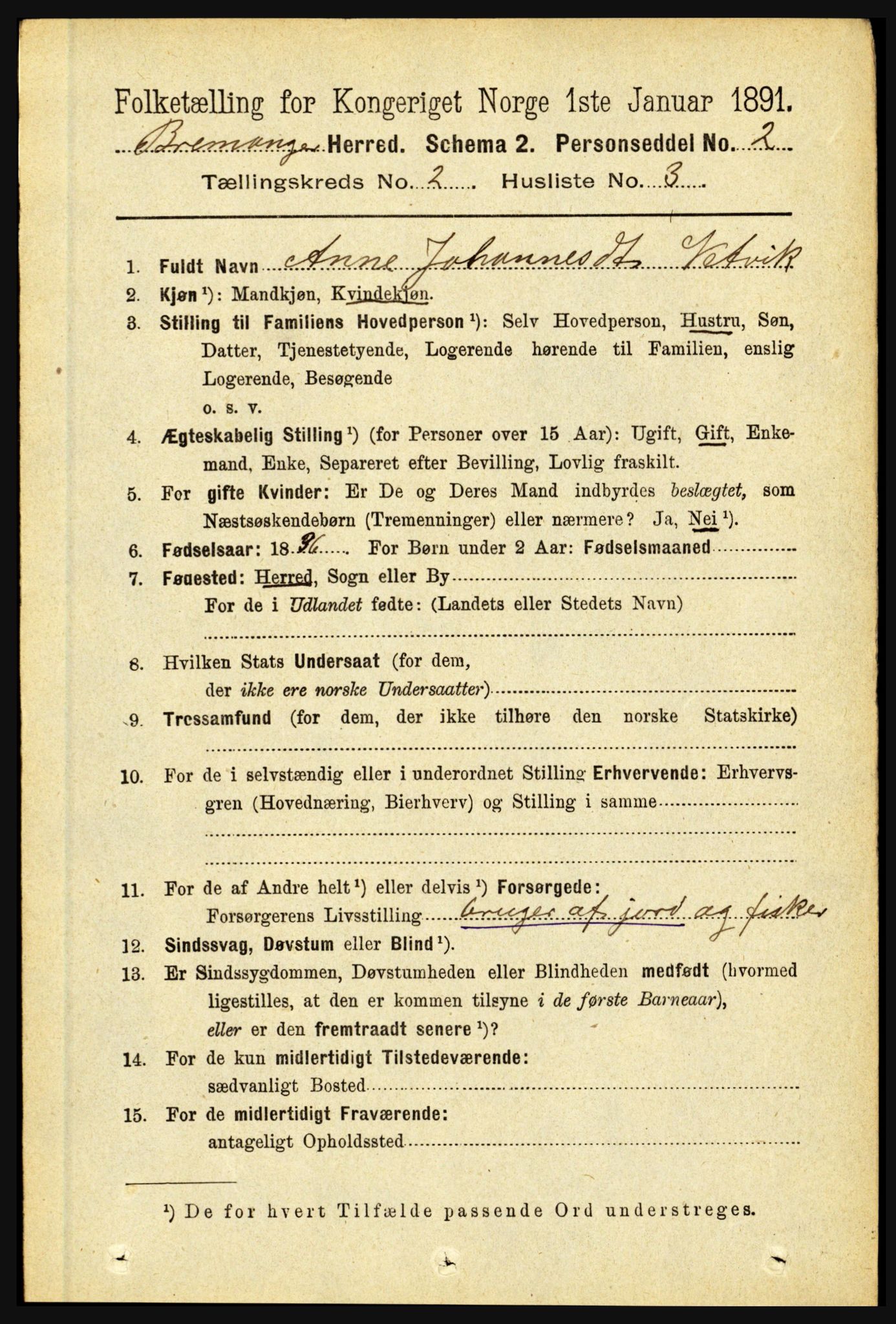 RA, 1891 census for 1438 Bremanger, 1891, p. 663