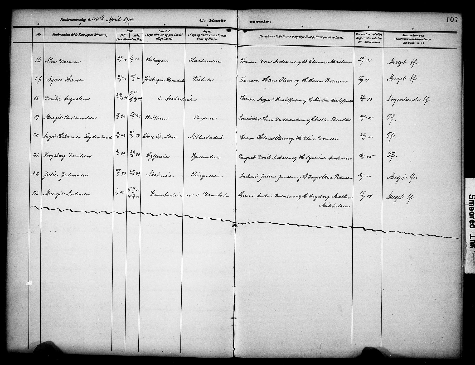 Stange prestekontor, AV/SAH-PREST-002/K/L0022: Parish register (official) no. 22, 1903-1914, p. 107