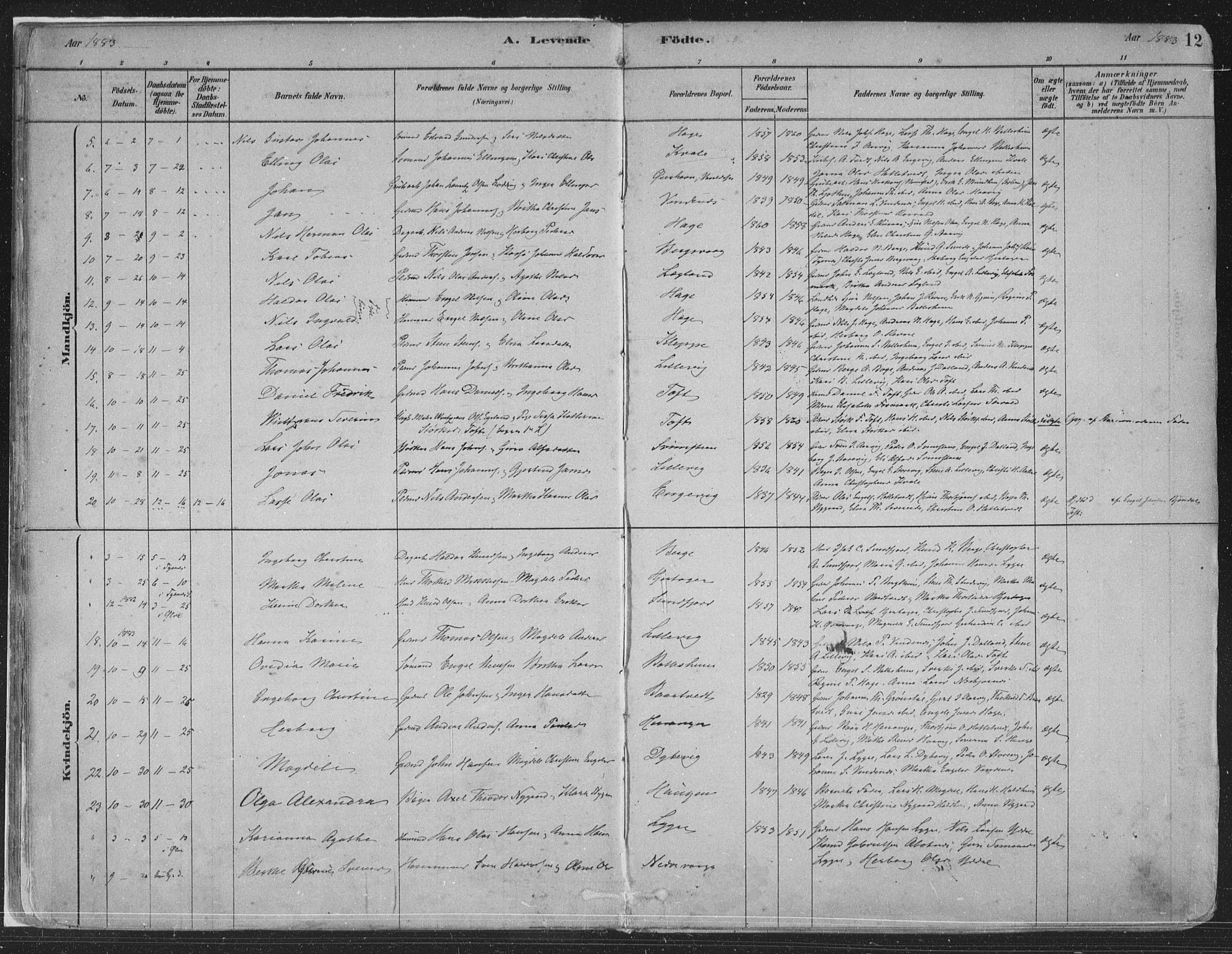 Fusa sokneprestembete, SAB/A-75401/H/Haa: Parish register (official) no. D 1, 1880-1938, p. 12