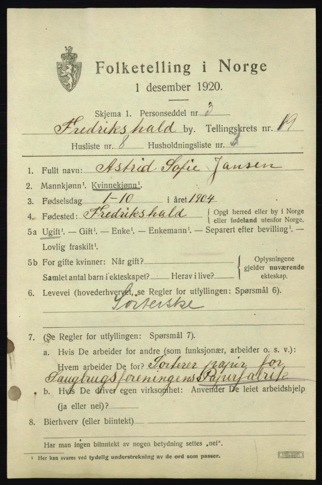SAO, 1920 census for Fredrikshald, 1920, p. 28278