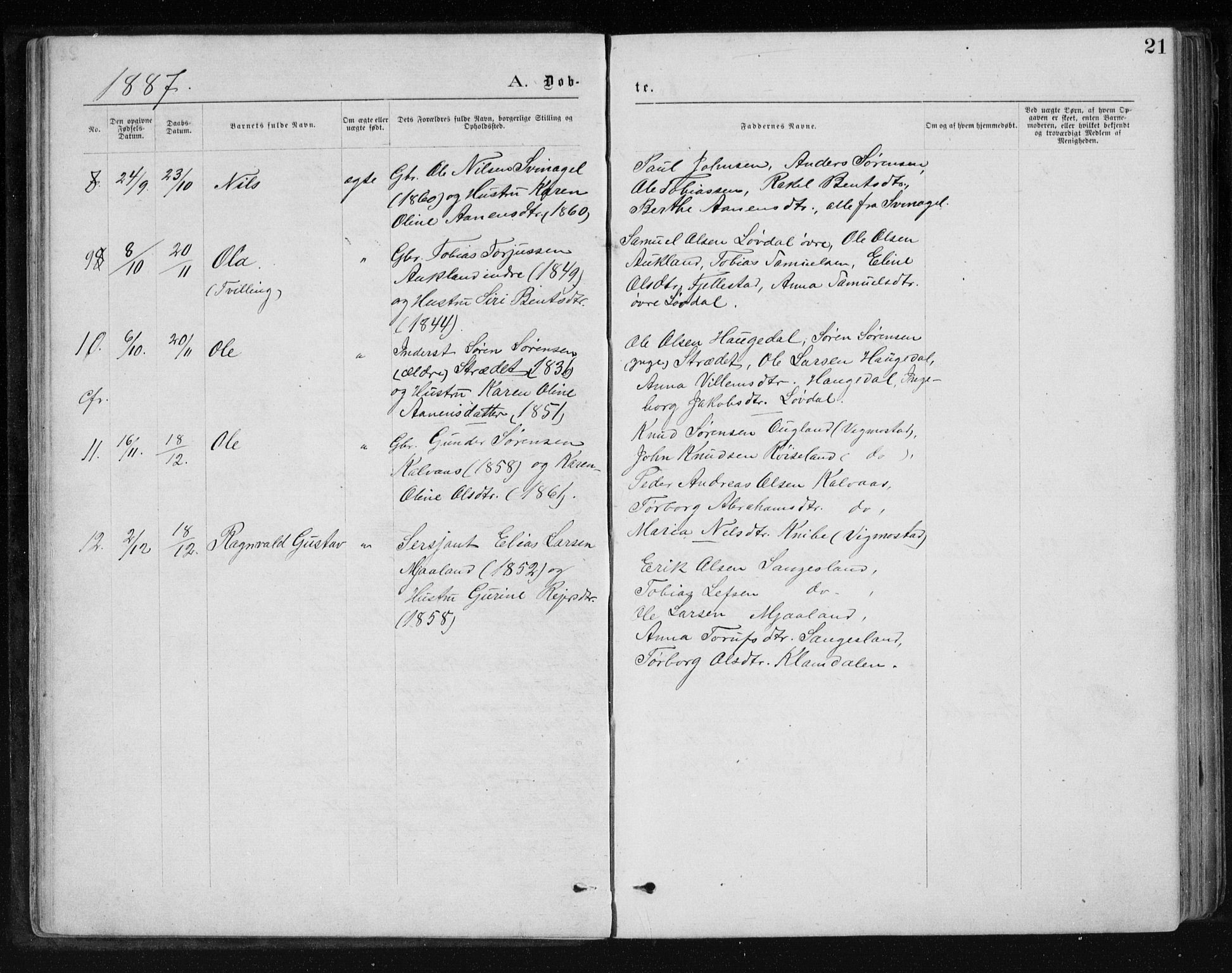 Holum sokneprestkontor, AV/SAK-1111-0022/F/Fb/Fbb/L0003: Parish register (copy) no. B 3, 1875-1898, p. 21