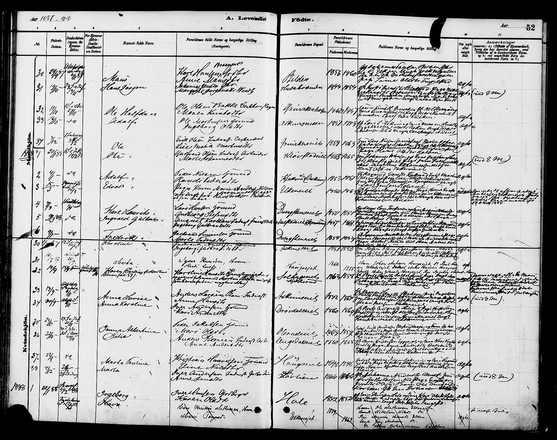 Gran prestekontor, SAH/PREST-112/H/Ha/Haa/L0016: Parish register (official) no. 16, 1880-1888, p. 52