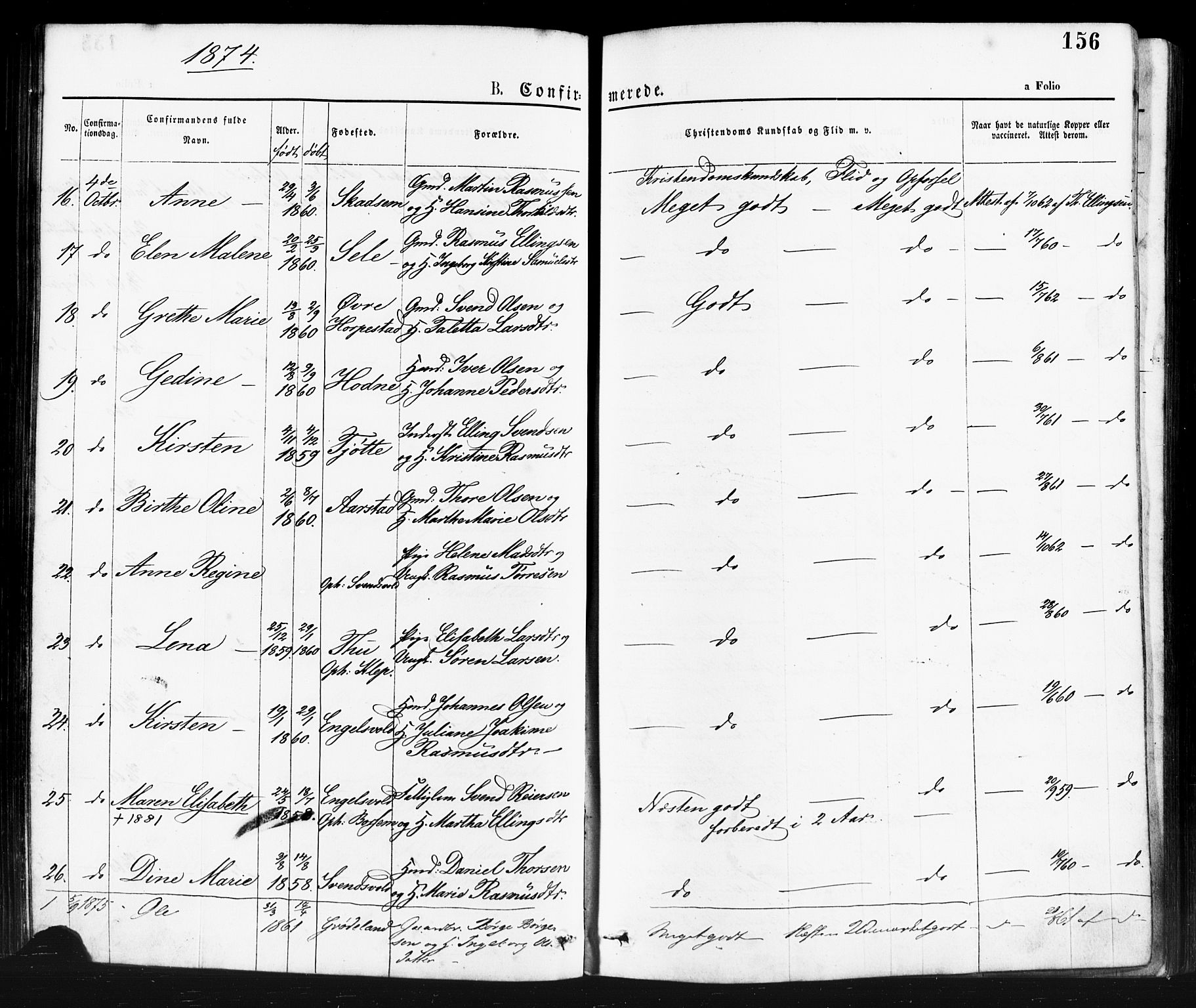 Klepp sokneprestkontor, AV/SAST-A-101803/001/3/30BA/L0006: Parish register (official) no. A 6, 1871-1885, p. 156