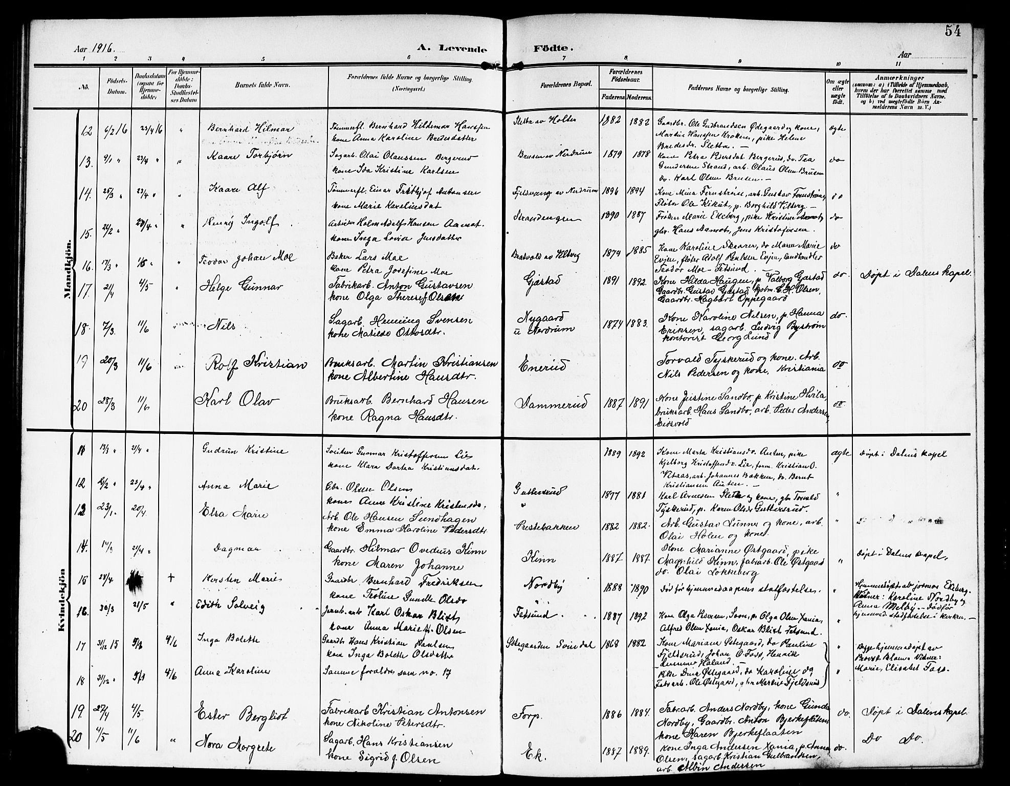 Fet prestekontor Kirkebøker, AV/SAO-A-10370a/G/Ga/L0008: Parish register (copy) no. I 8, 1907-1920, p. 54