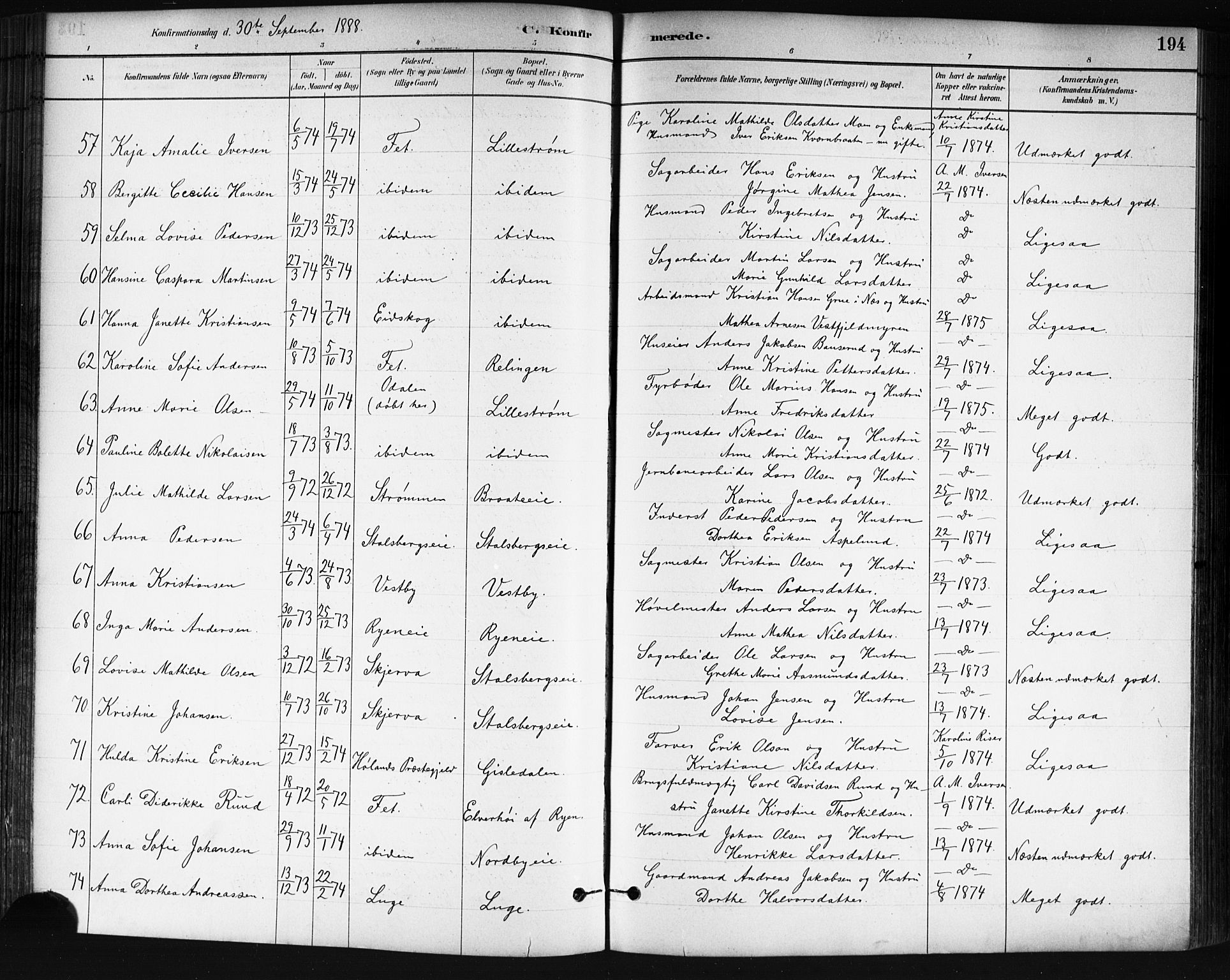 Skedsmo prestekontor Kirkebøker, SAO/A-10033a/G/Ga/L0004: Parish register (copy) no. I 4, 1883-1895, p. 194