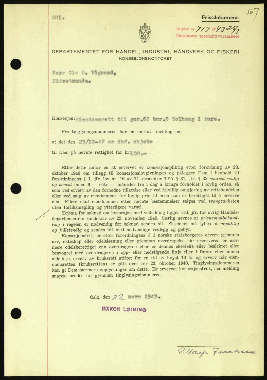 Nordmøre sorenskriveri, AV/SAT-A-4132/1/2/2Ca: Mortgage book no. B90, 1942-1943, Diary no: : 717/1943