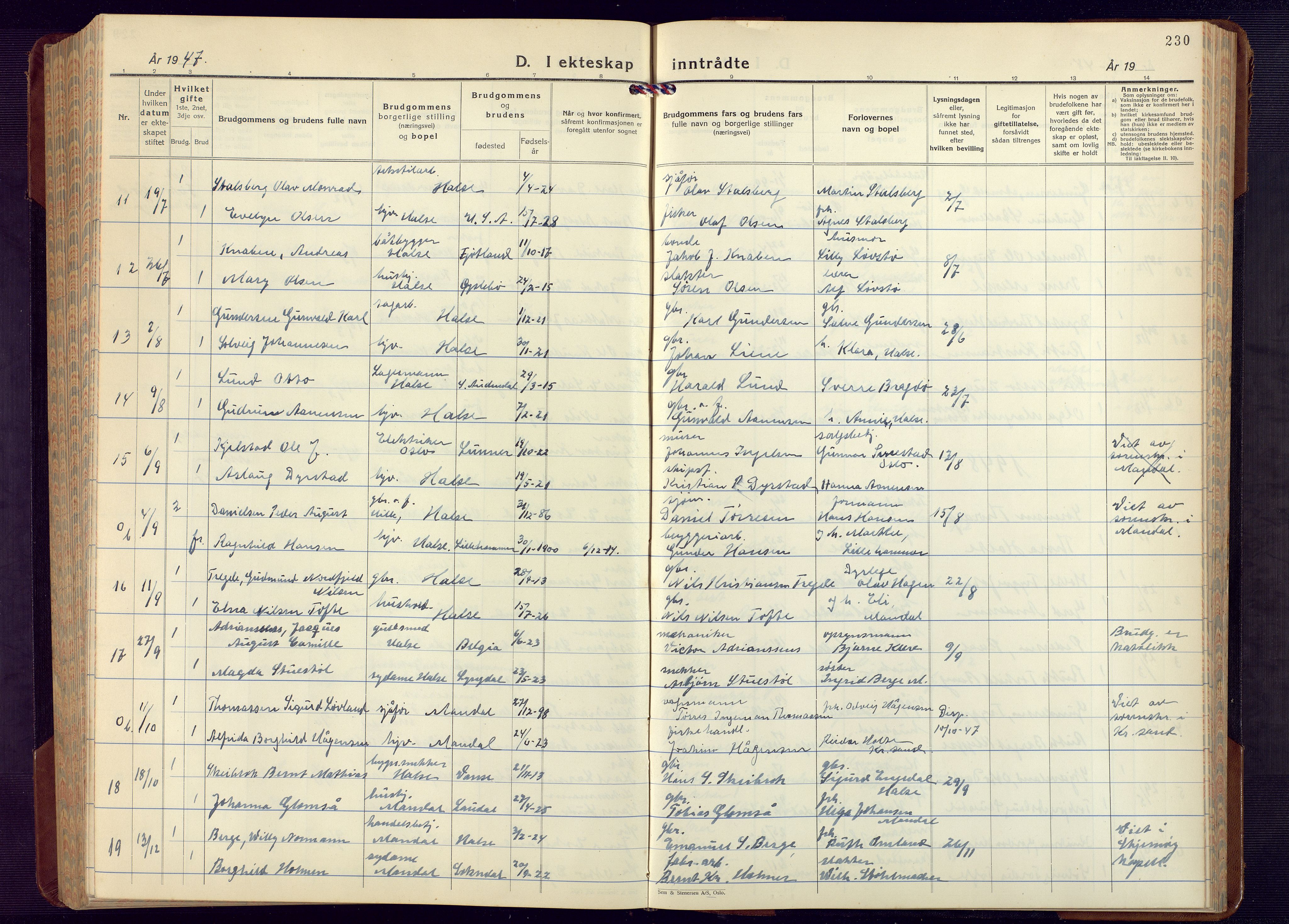 Mandal sokneprestkontor, SAK/1111-0030/F/Fb/Fba/L0014: Parish register (copy) no. B 8, 1932-1952, p. 230