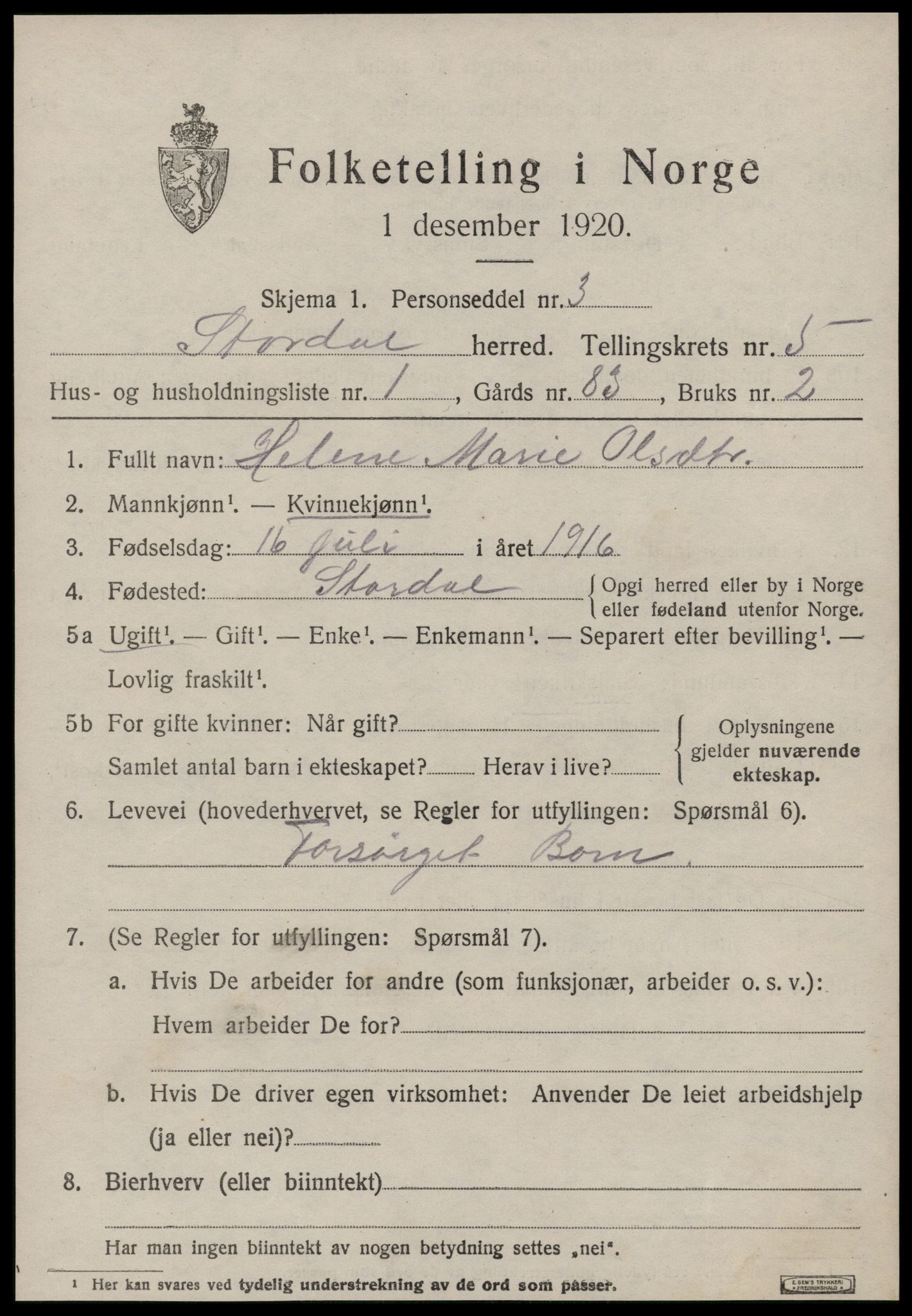 SAT, 1920 census for Stordal, 1920, p. 1540