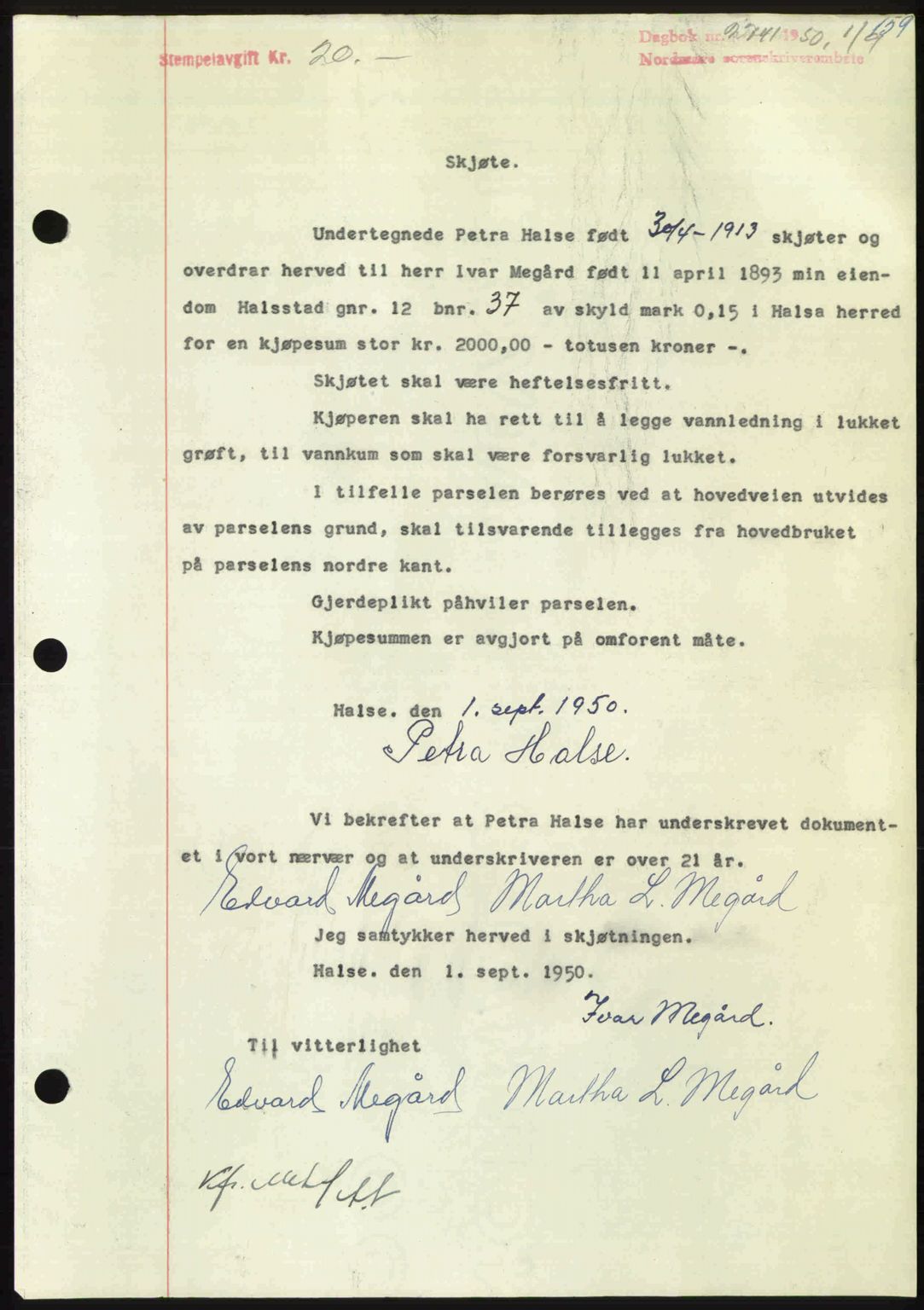 Nordmøre sorenskriveri, AV/SAT-A-4132/1/2/2Ca: Mortgage book no. A116, 1950-1950, Diary no: : 2741/1950