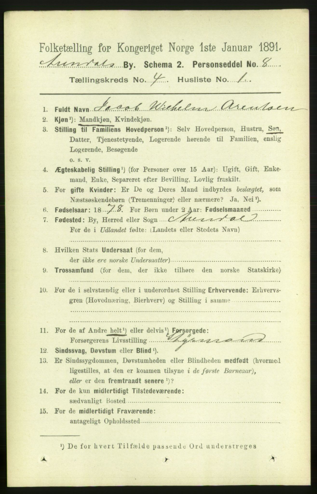 RA, 1891 census for 0903 Arendal, 1891, p. 1660