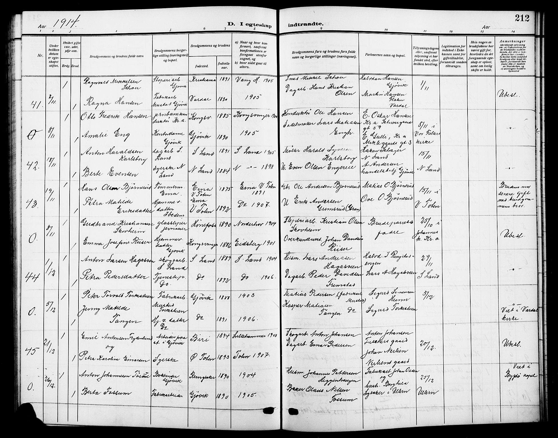 Vardal prestekontor, SAH/PREST-100/H/Ha/Hab/L0014: Parish register (copy) no. 14, 1911-1922, p. 212