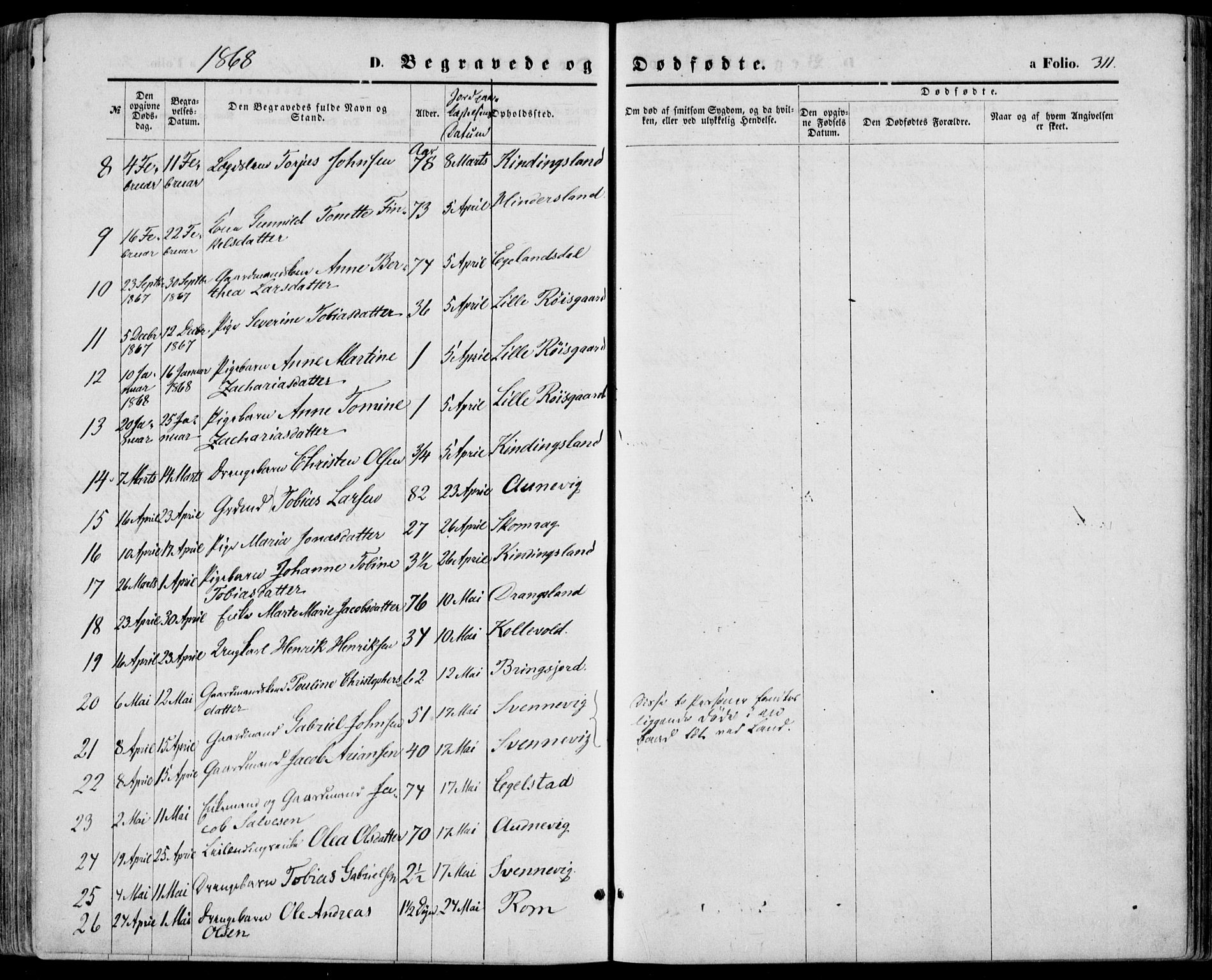 Lyngdal sokneprestkontor, SAK/1111-0029/F/Fa/Fac/L0010: Parish register (official) no. A 10, 1865-1878, p. 311
