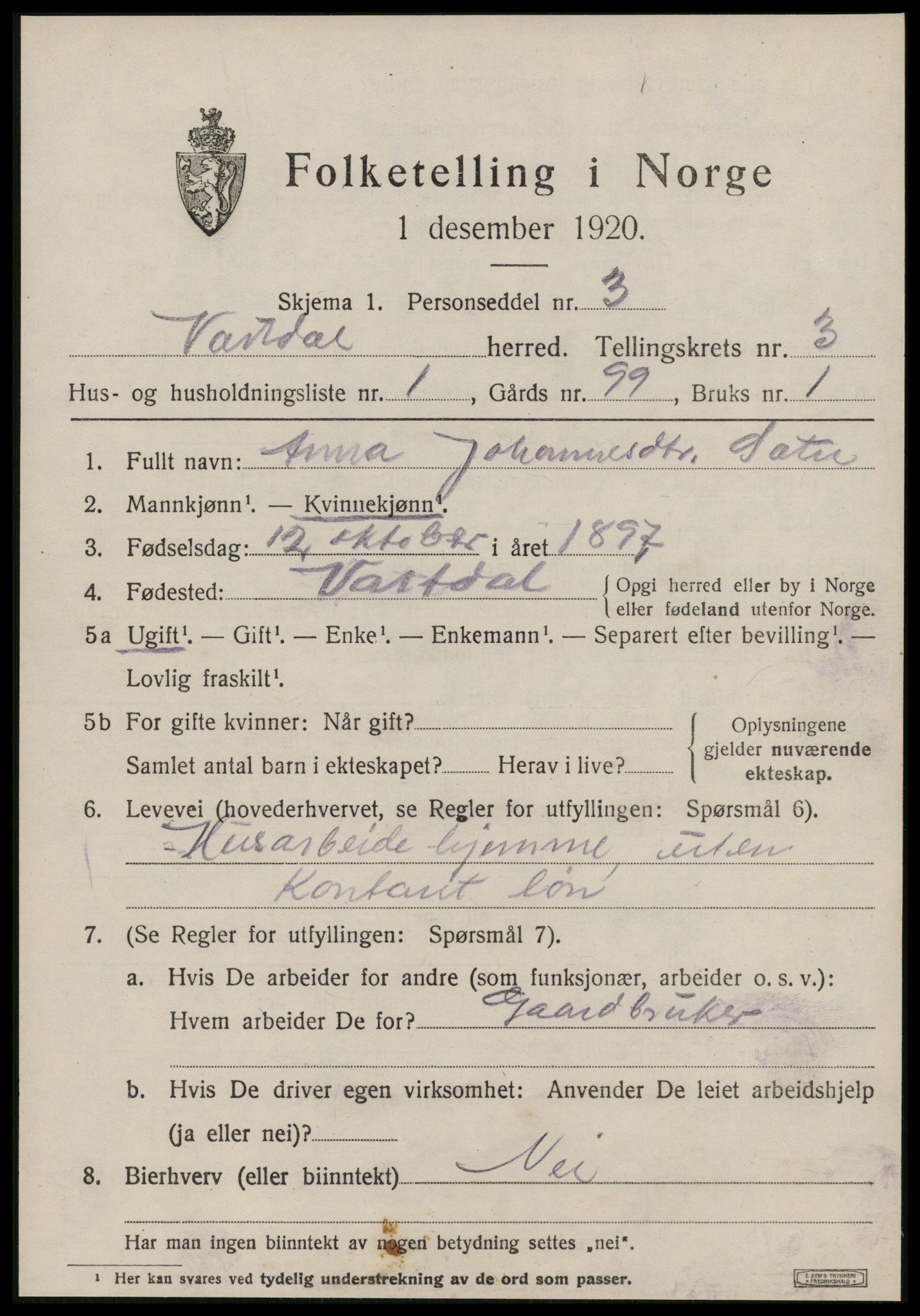 SAT, 1920 census for Vartdal, 1920, p. 1171