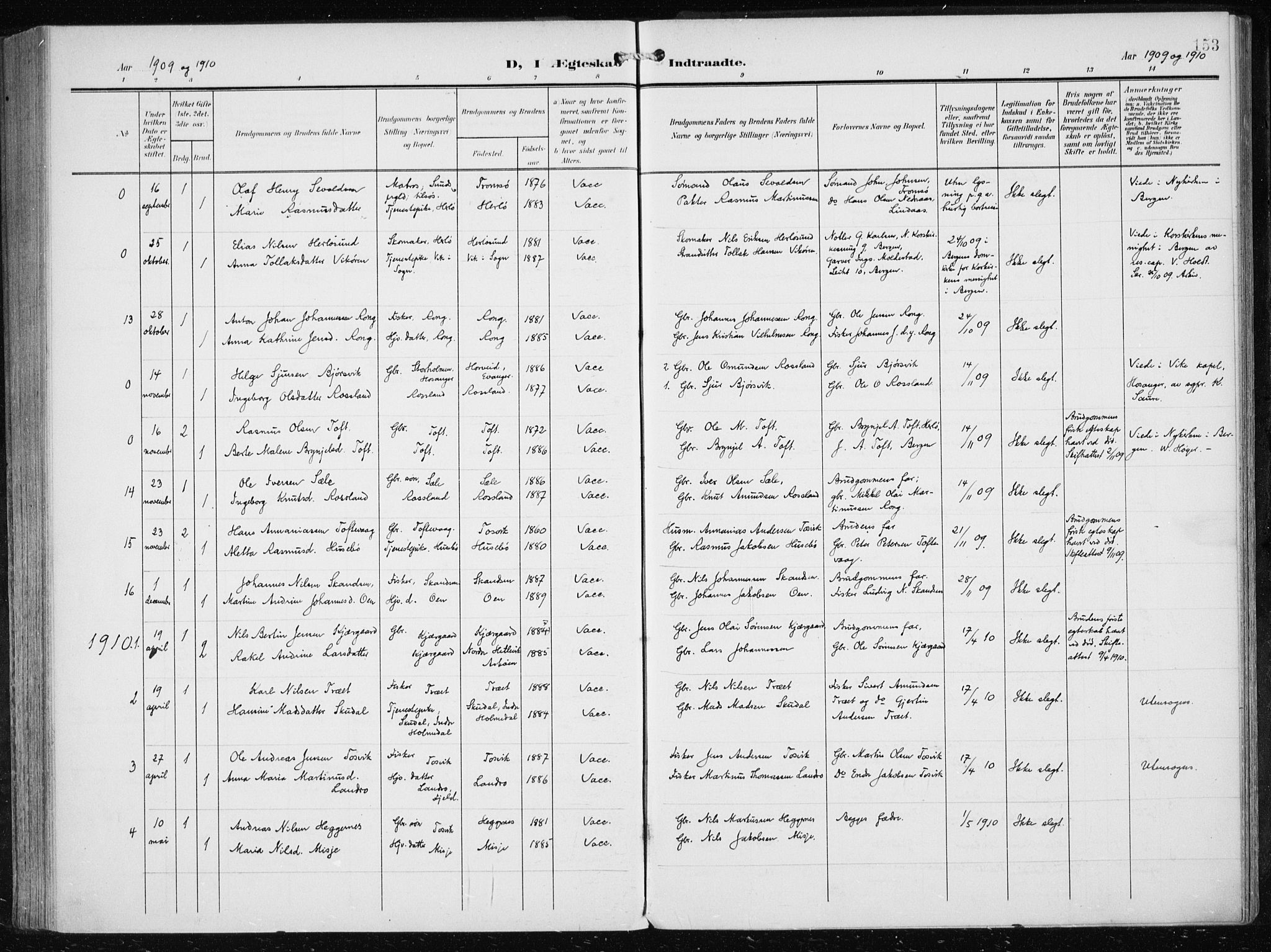 Herdla Sokneprestembete, SAB/A-75701/H/Haa: Parish register (official) no. A 5, 1905-1918, p. 153