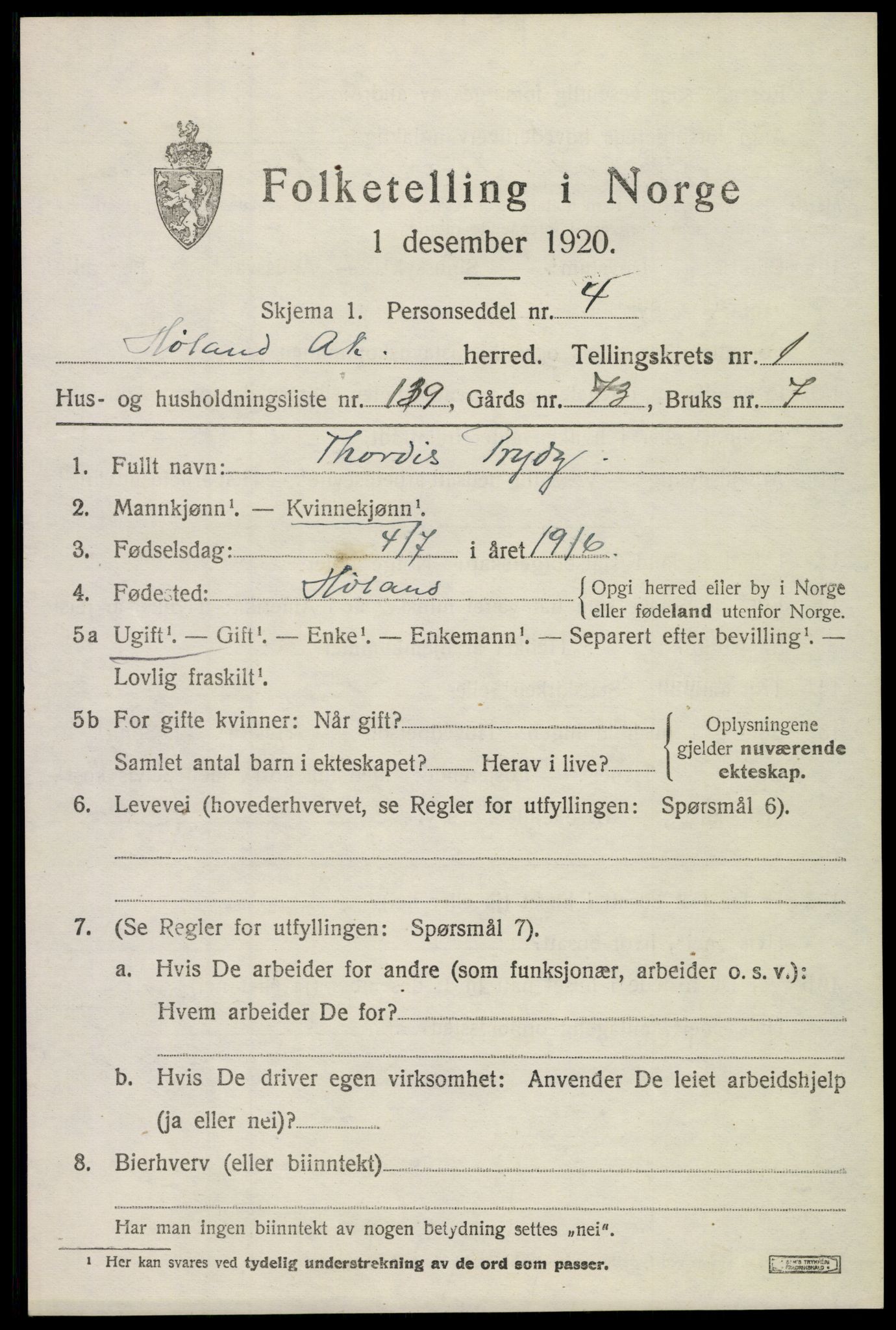 SAO, 1920 census for Høland, 1920, p. 3699