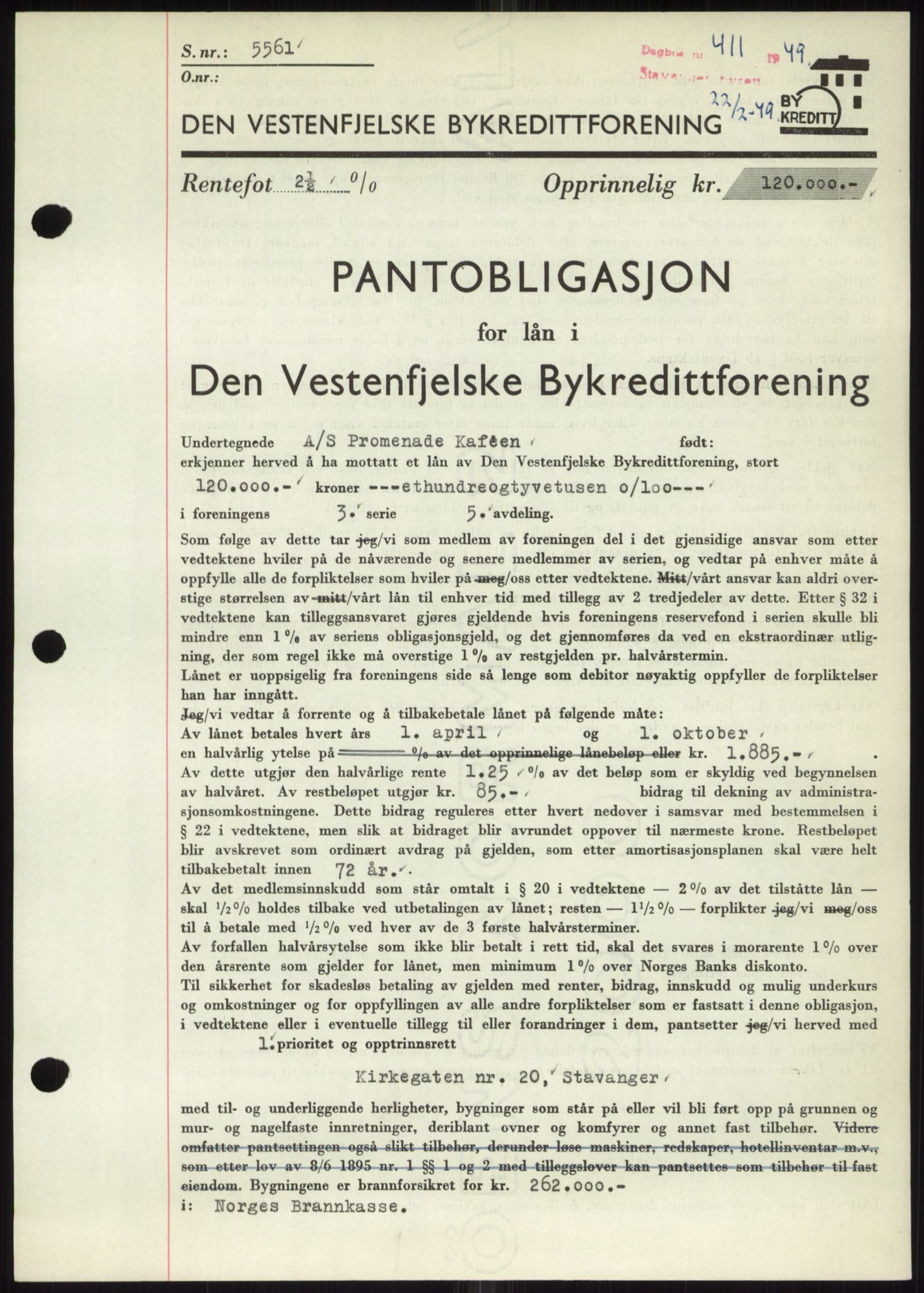 Stavanger byrett, SAST/A-100455/002/G/Gb/L0032: Mortgage book, 1947-1950, Diary no: : 411/1949