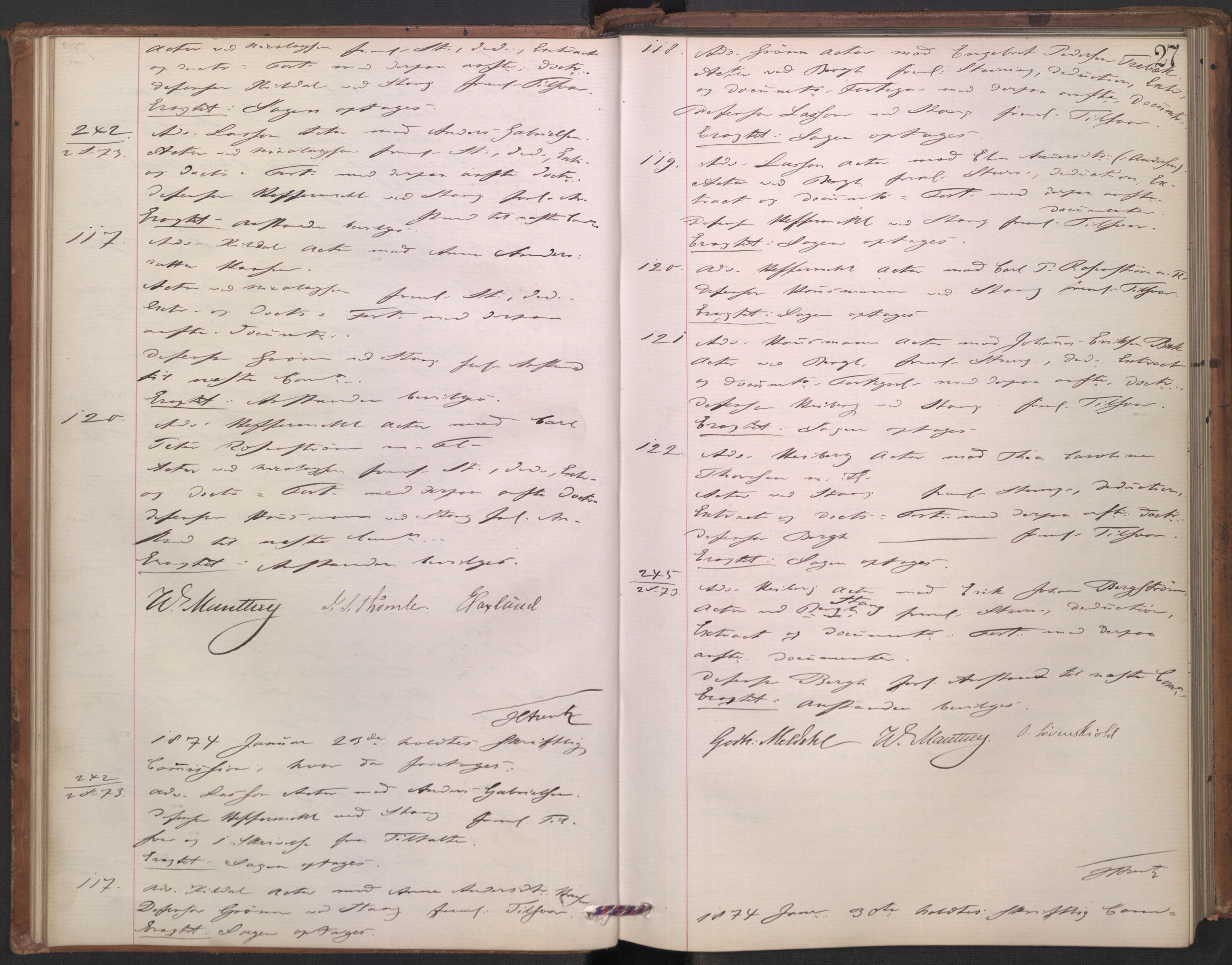 Høyesterett, AV/RA-S-1002/E/Ef/L0013: Protokoll over saker som gikk til skriftlig behandling, 1873-1879, p. 26b-27a