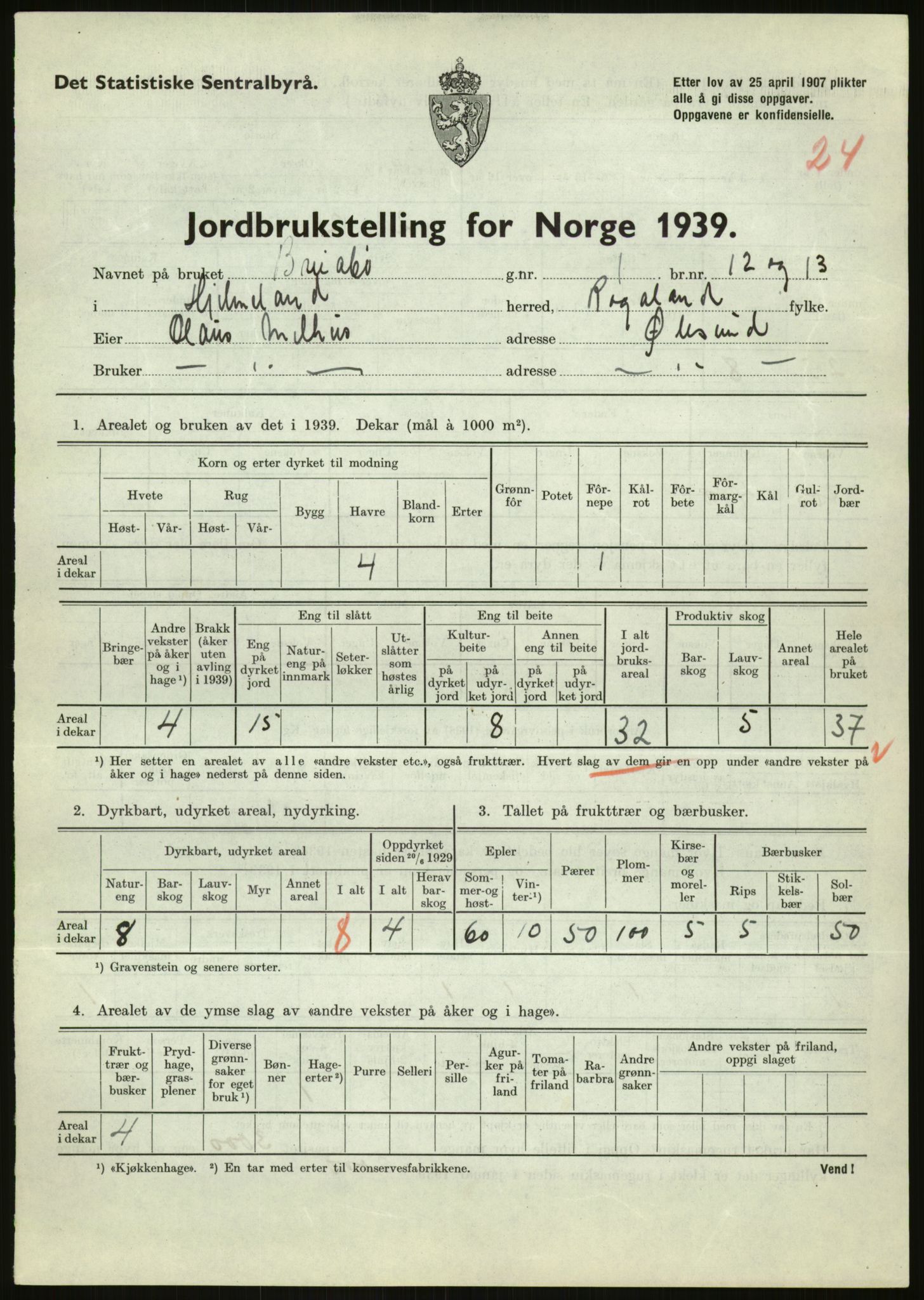 Statistisk sentralbyrå, Næringsøkonomiske emner, Jordbruk, skogbruk, jakt, fiske og fangst, AV/RA-S-2234/G/Gb/L0184: Rogaland: Årdal, Fister og Hjelmeland, 1939, p. 1411