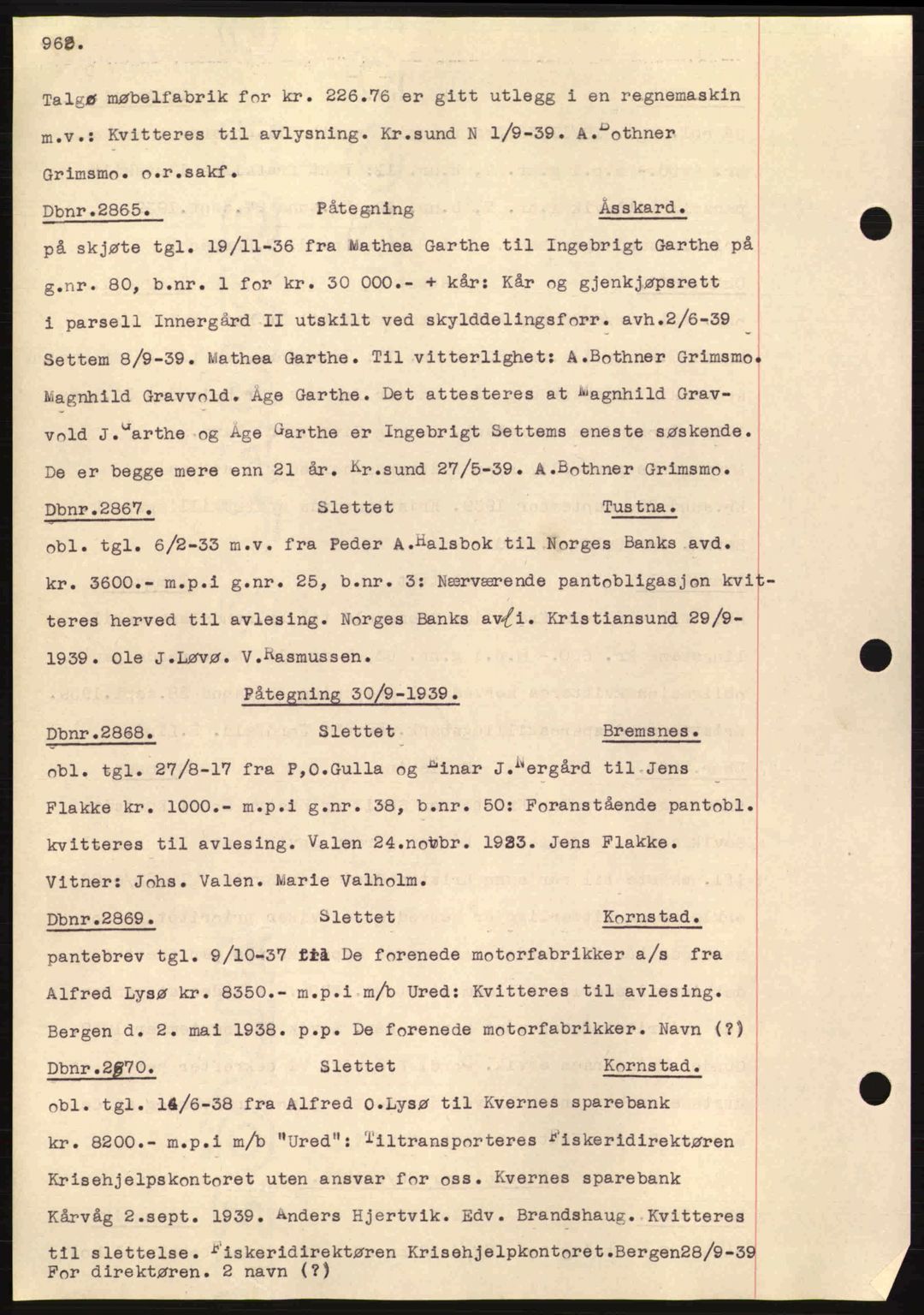 Nordmøre sorenskriveri, AV/SAT-A-4132/1/2/2Ca: Mortgage book no. C80, 1936-1939, Diary no: : 2865/1939