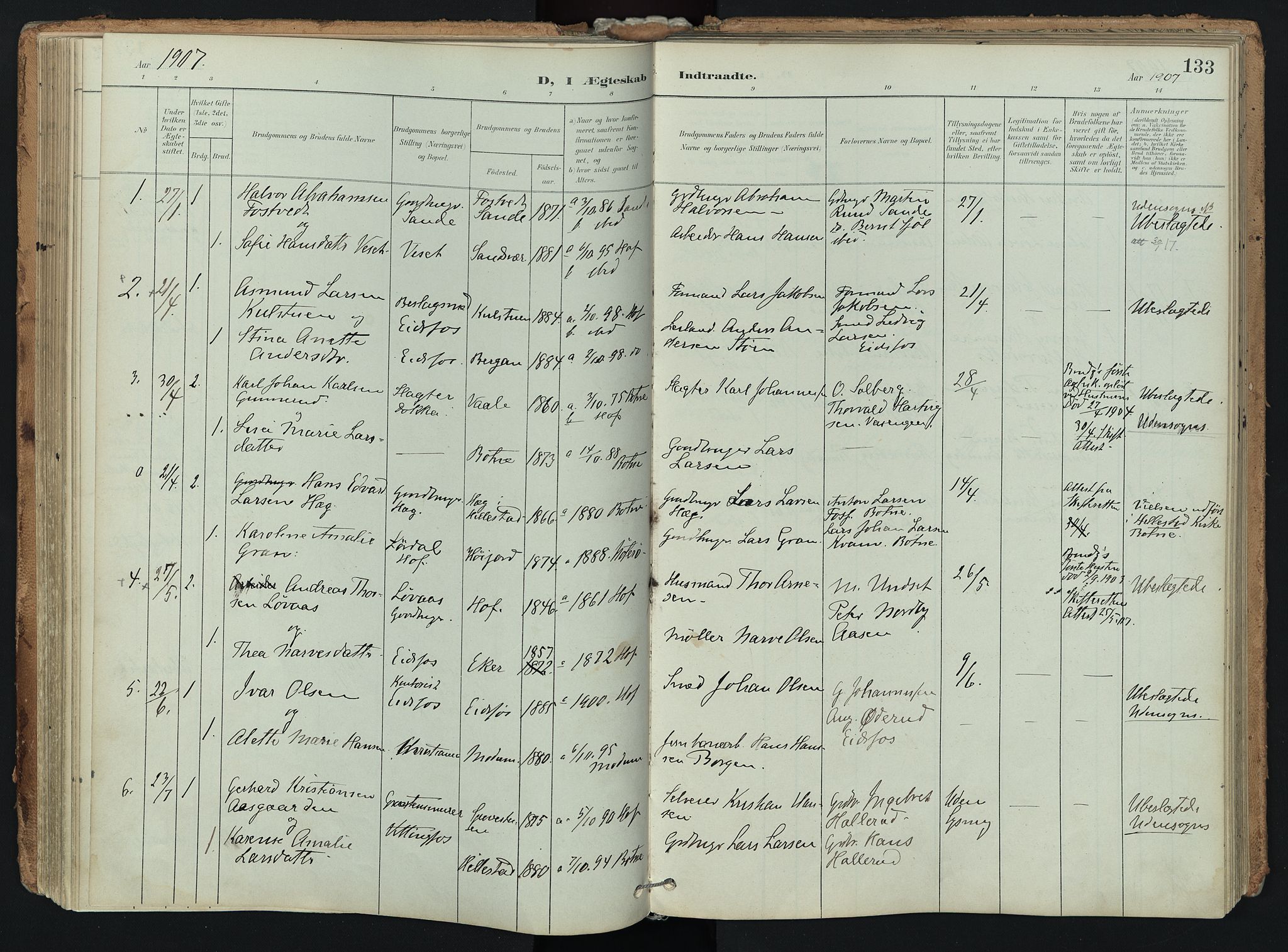 Hof kirkebøker, AV/SAKO-A-64/F/Fa/L0008: Parish register (official) no. I 8, 1902-1921, p. 133